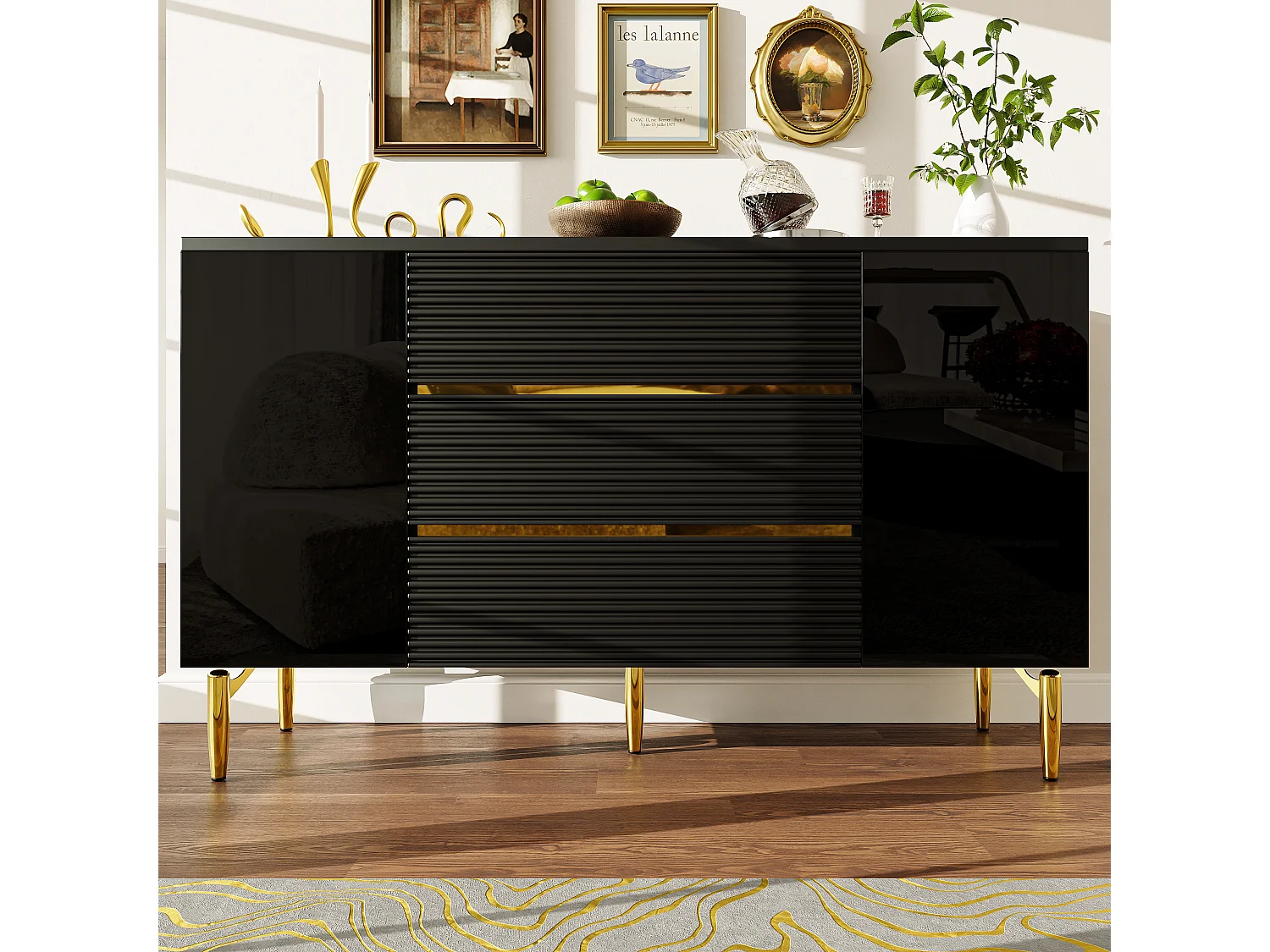 Cómoda negra de elegante diseño, MDF, con 3 niveles de cajones y decoración dorada (120x40x73 cm)