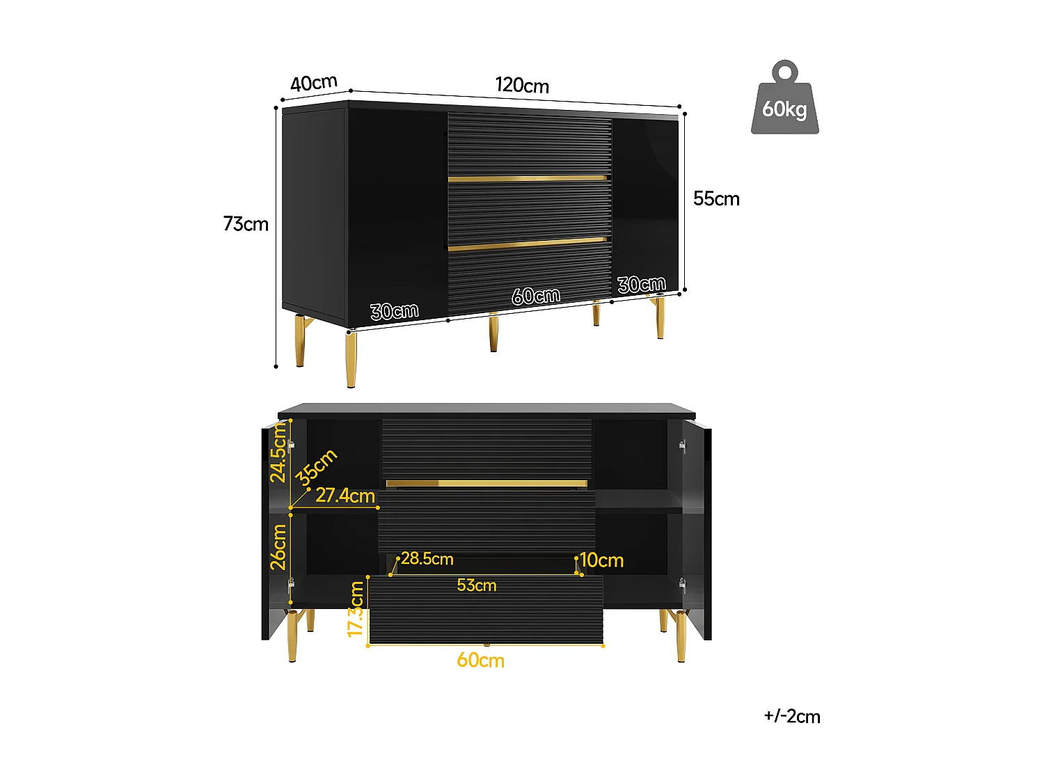 Cómoda negra de elegante diseño, MDF, con 3 niveles de cajones y decoración dorada (120x40x73 cm)