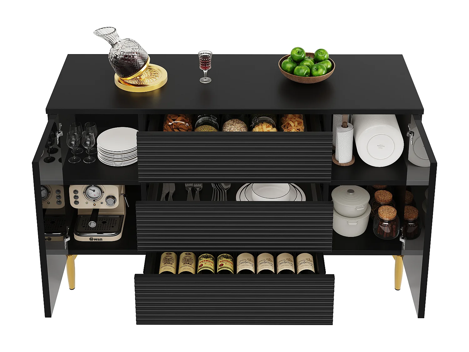 Cómoda negra de elegante diseño, MDF, con 3 niveles de cajones y decoración dorada (120x40x73 cm)