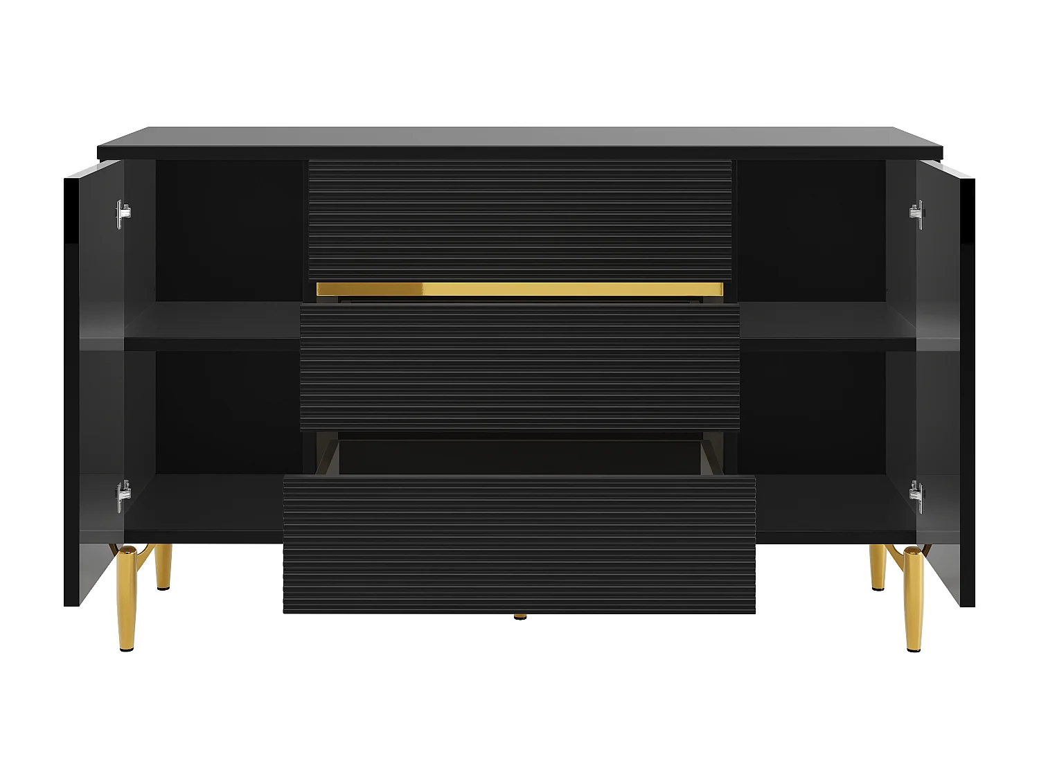 Cómoda negra de elegante diseño, MDF, con 3 niveles de cajones y decoración dorada (120x40x73 cm)