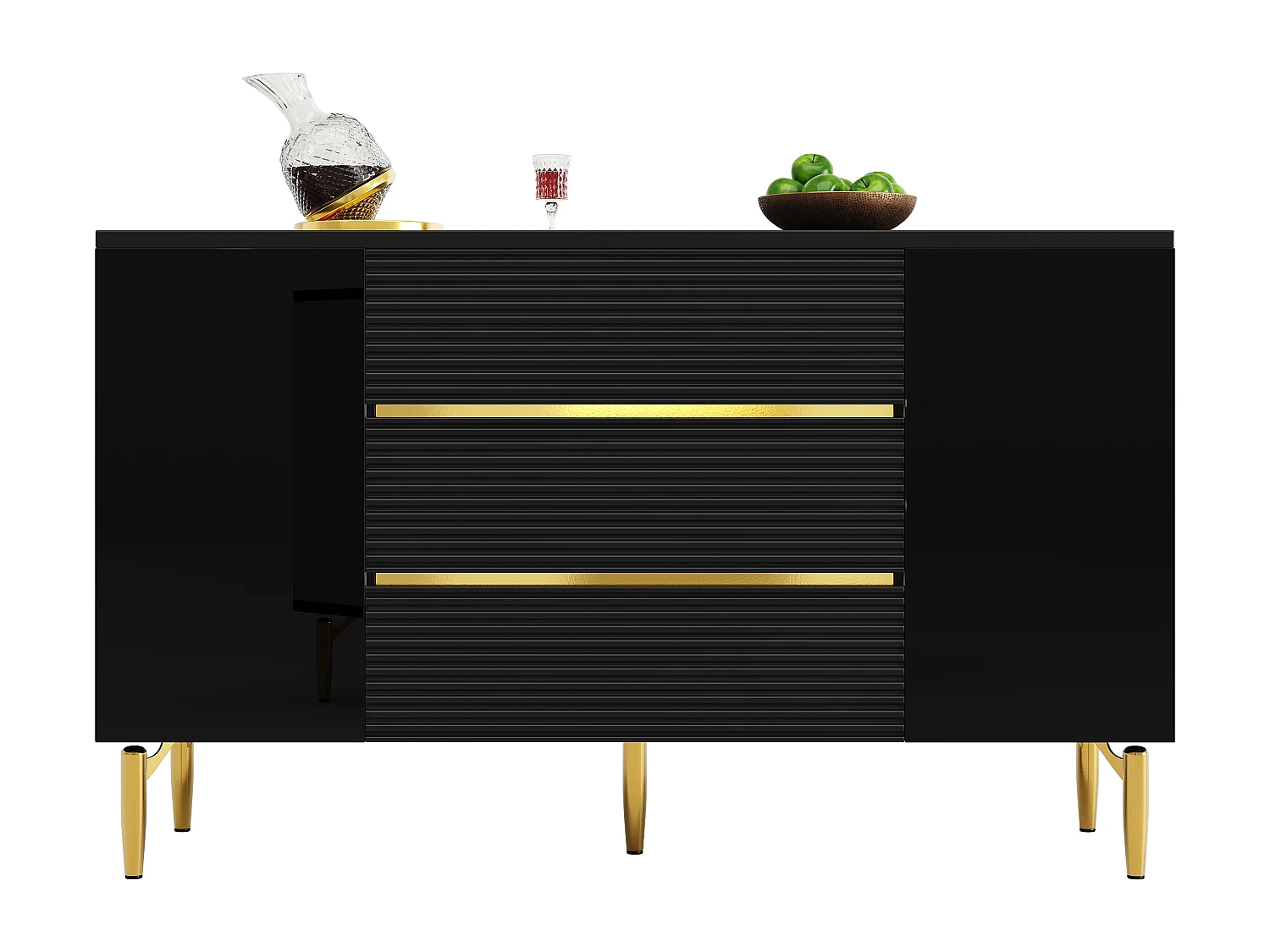 Cómoda negra de elegante diseño, MDF, con 3 niveles de cajones y decoración dorada (120x40x73 cm)