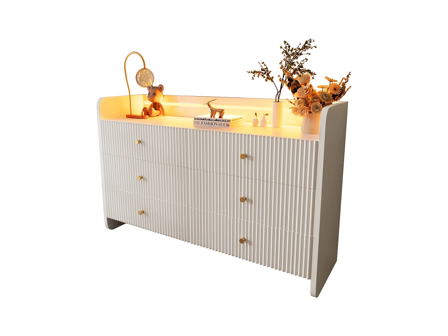 Cómoda con LED, 6 cajones, diseño ondulado, MDF, blanco (120x40x75 cm)