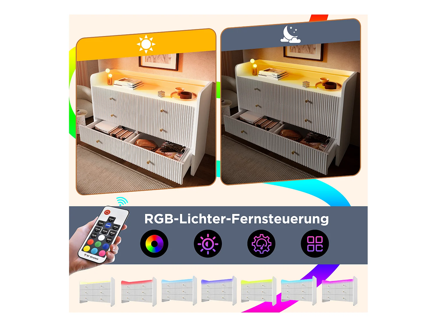 Commode avec LED, 6 tiroirs, design ondulé, MDF, blanc (120x40x75 cm)