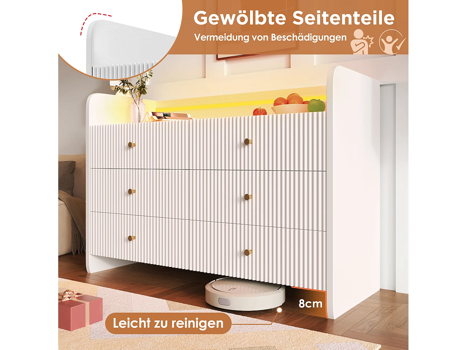 Commode avec LED, 6 tiroirs, design ondulé, MDF, blanc (120x40x75 cm)