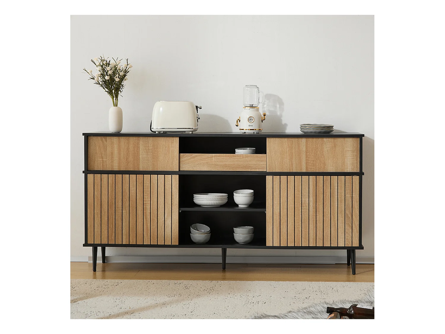 Cassettiera con 4 ante scorrevoli e 1 cassetto, design rovere e nero, bianco (160x40x80 cm)