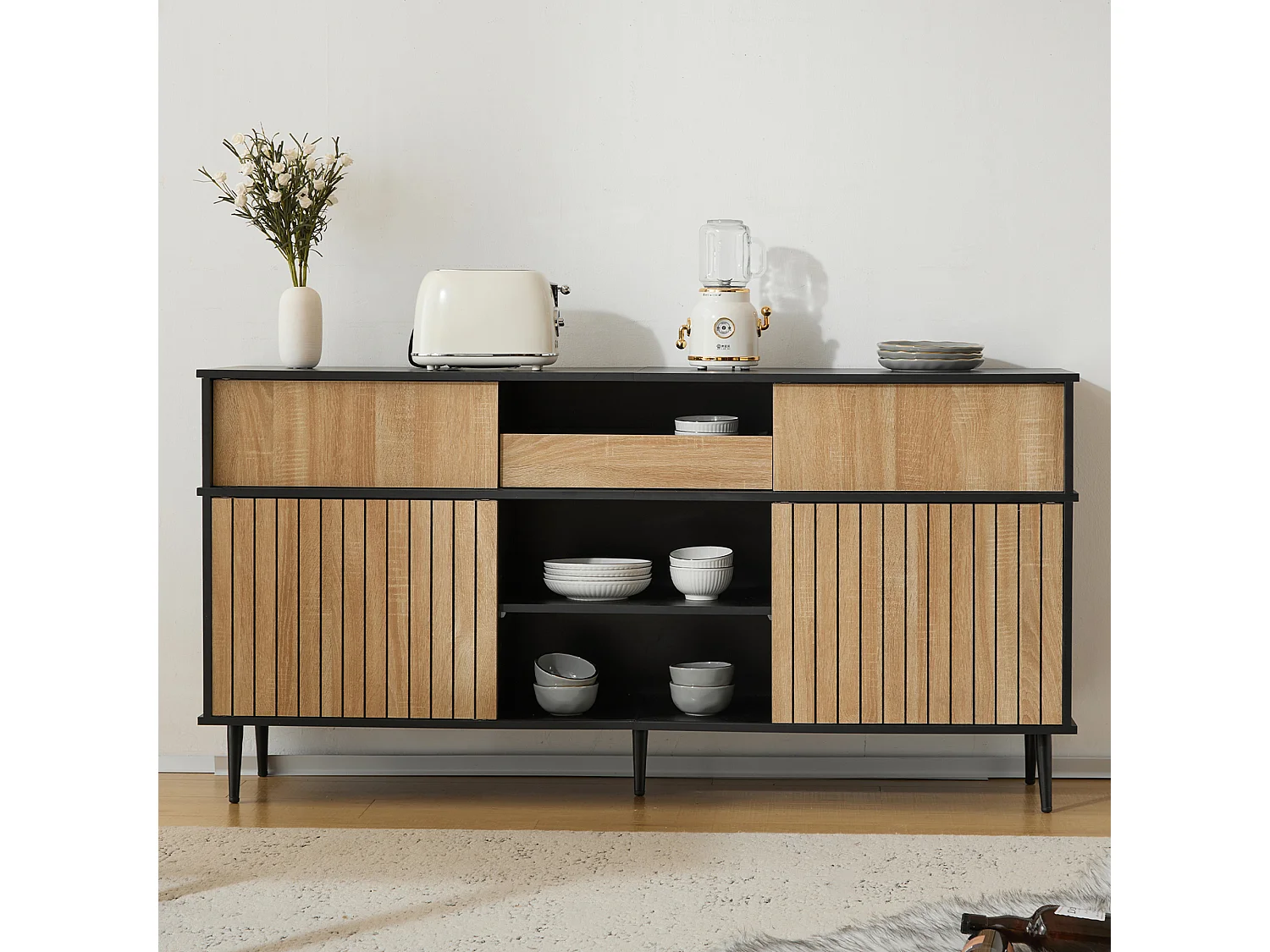 Ladekast met 4 schuifdeuren en 1 lade, eiken en zwart design, wit (160x40x80 cm)