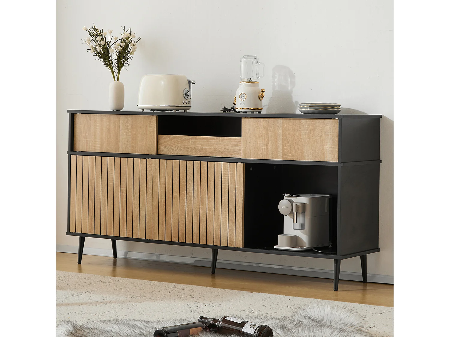 Ladekast met 4 schuifdeuren en 1 lade, eiken en zwart design, wit (160x40x80 cm)