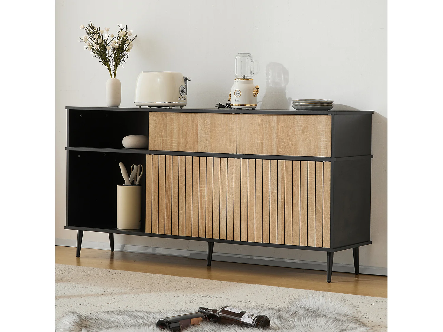 Ladekast met 4 schuifdeuren en 1 lade, eiken en zwart design, wit (160x40x80 cm)