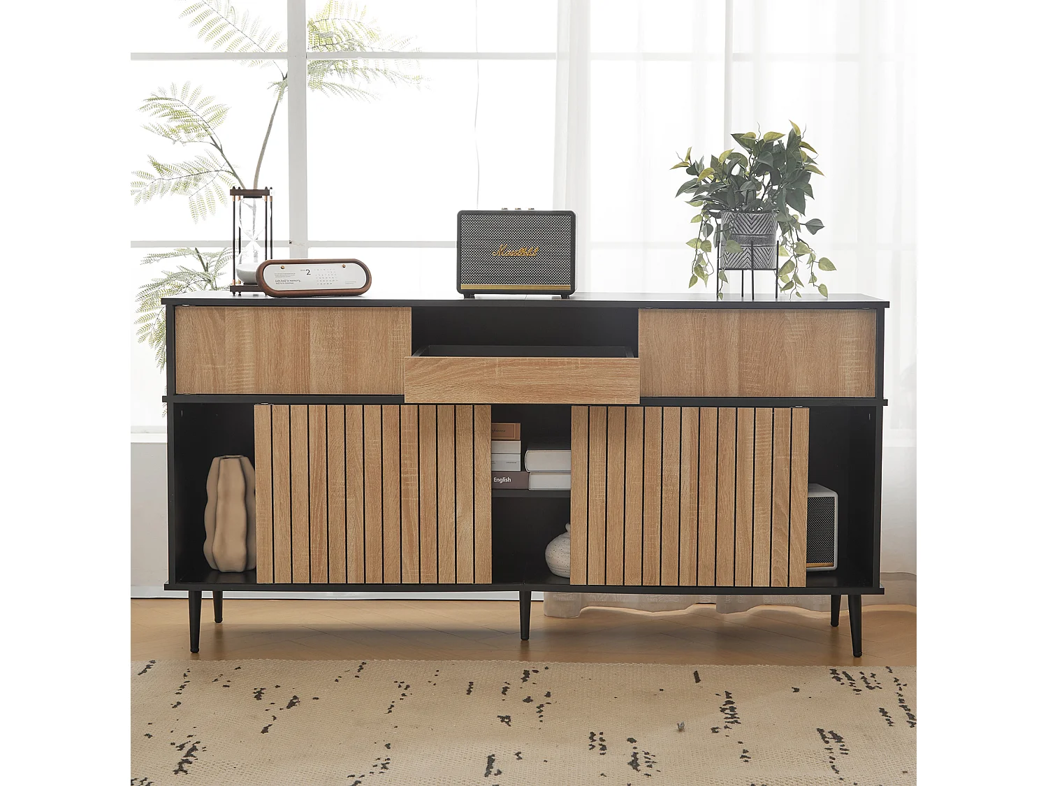 Ladekast met 4 schuifdeuren en 1 lade, eiken en zwart design, wit (160x40x80 cm)