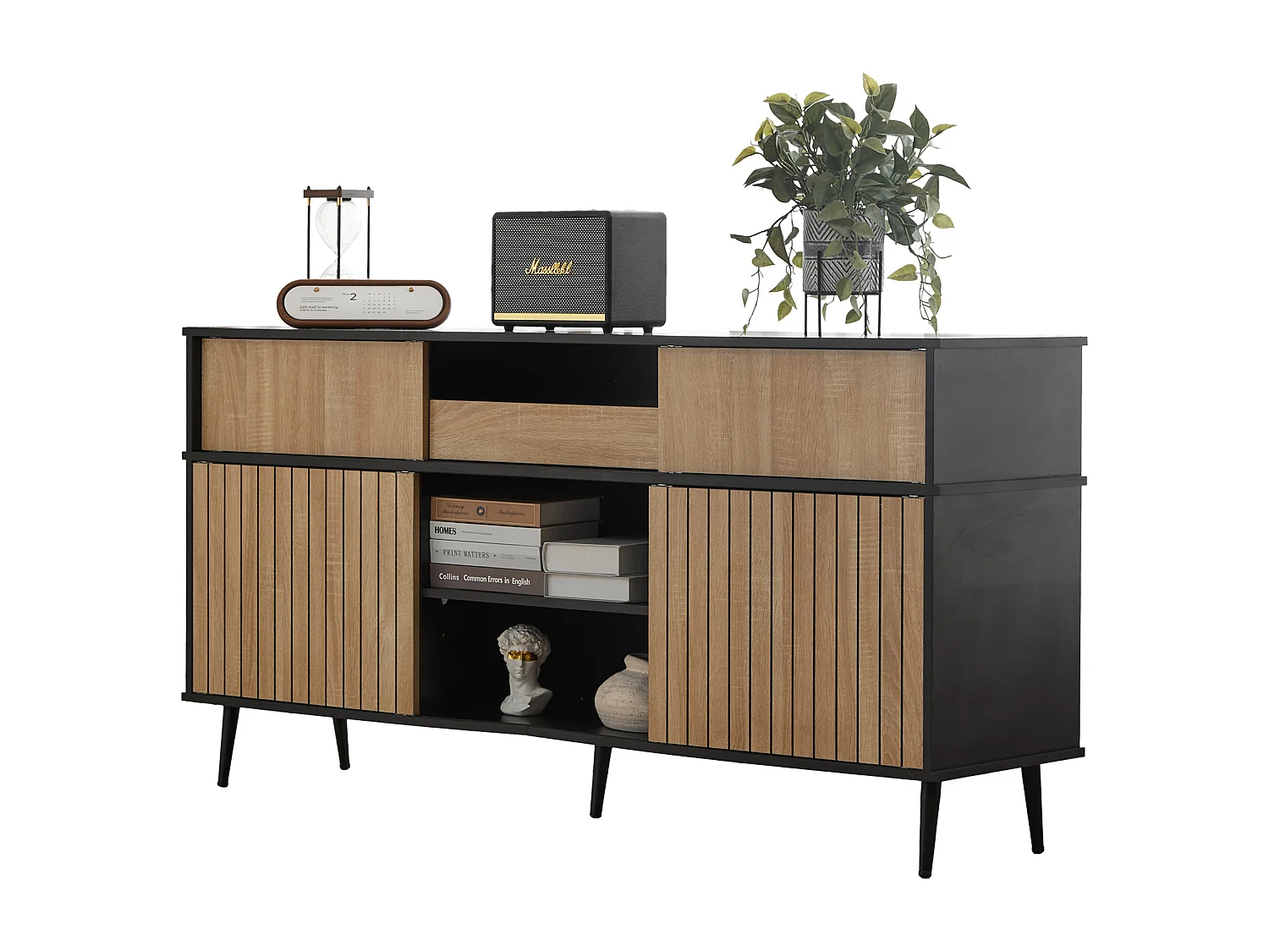 Ladekast met 4 schuifdeuren en 1 lade, eiken en zwart design, wit (160x40x80 cm)
