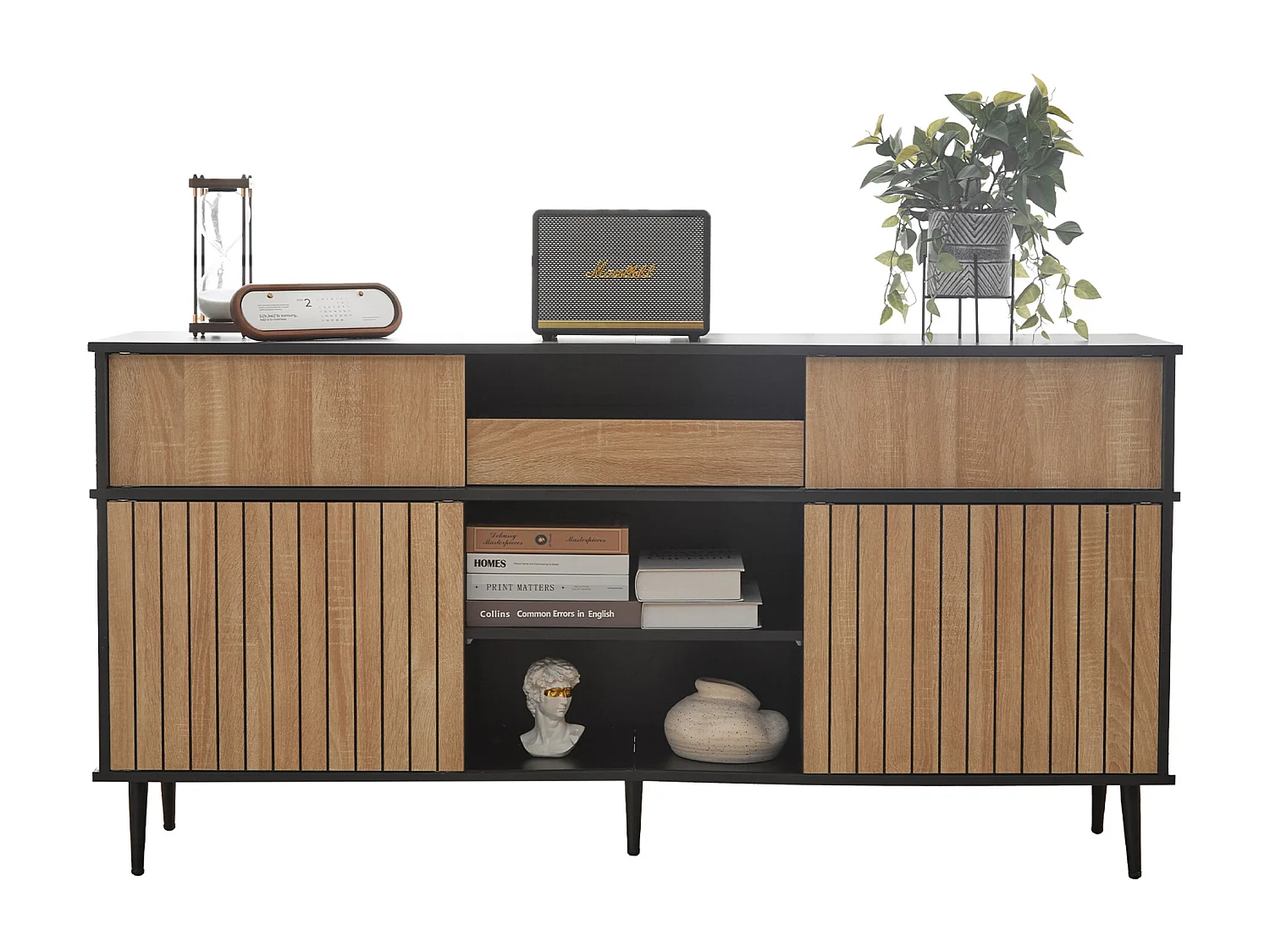 Ladekast met 4 schuifdeuren en 1 lade, eiken en zwart design, wit (160x40x80 cm)