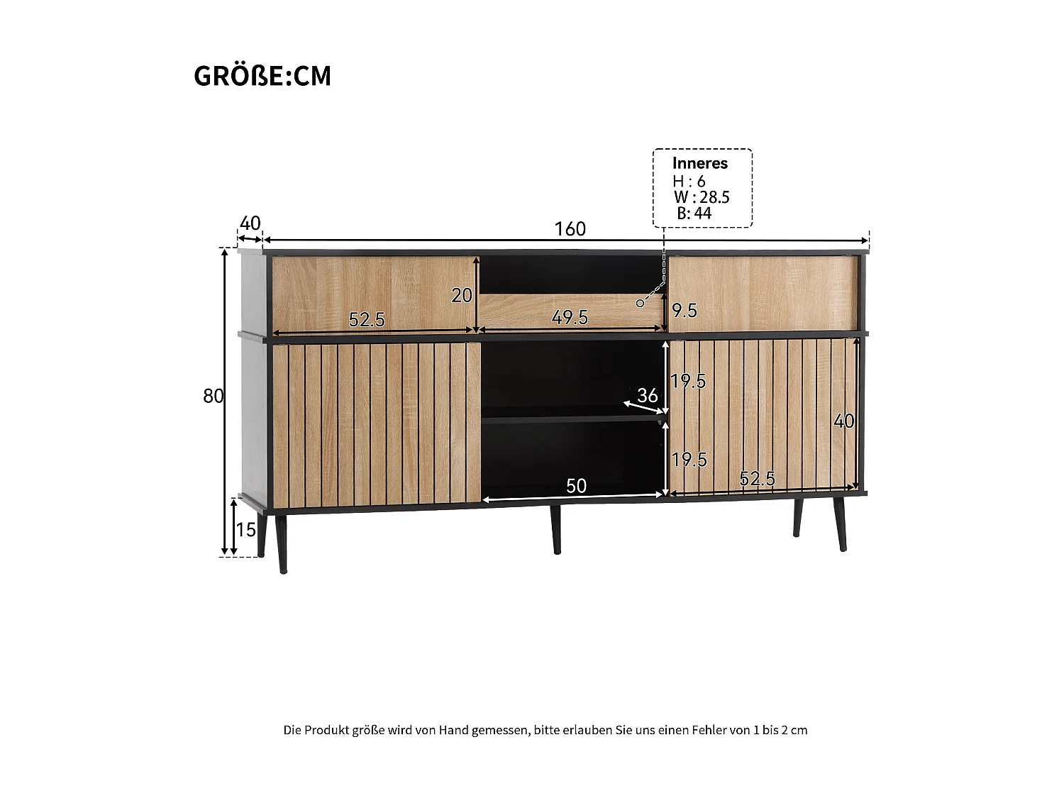 Ladekast met 4 schuifdeuren en 1 lade, eiken en zwart design, wit (160x40x80 cm)