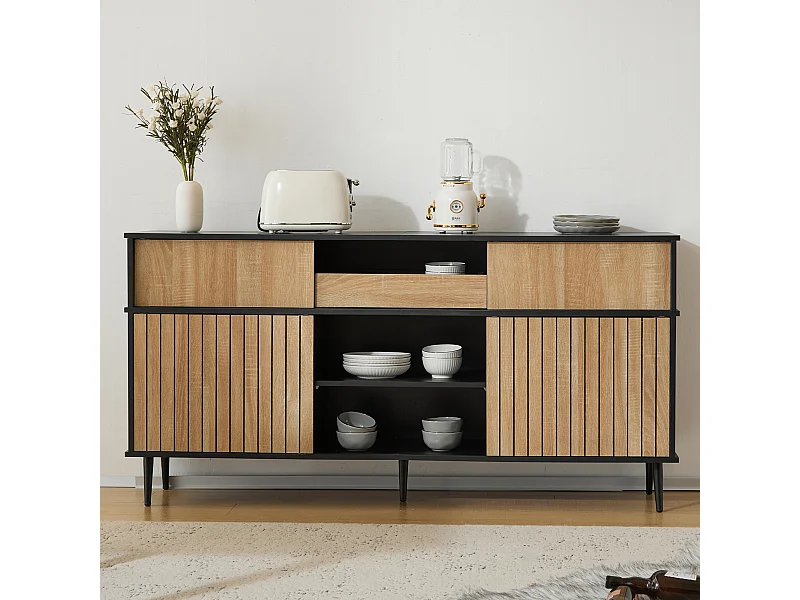 Commode avec 4 portes coulissantes et 1 tiroir, design en chêne et noir, blanc (160x40x80 cm)