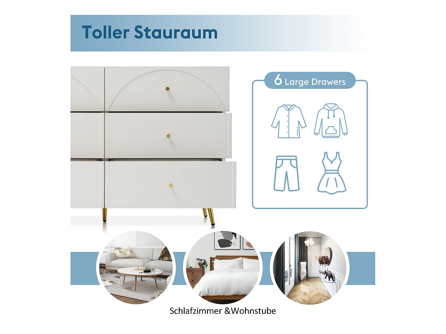 Ladekast met 6 lades, modern design, hout en metaal, crèmewit (85x120x40 cm)