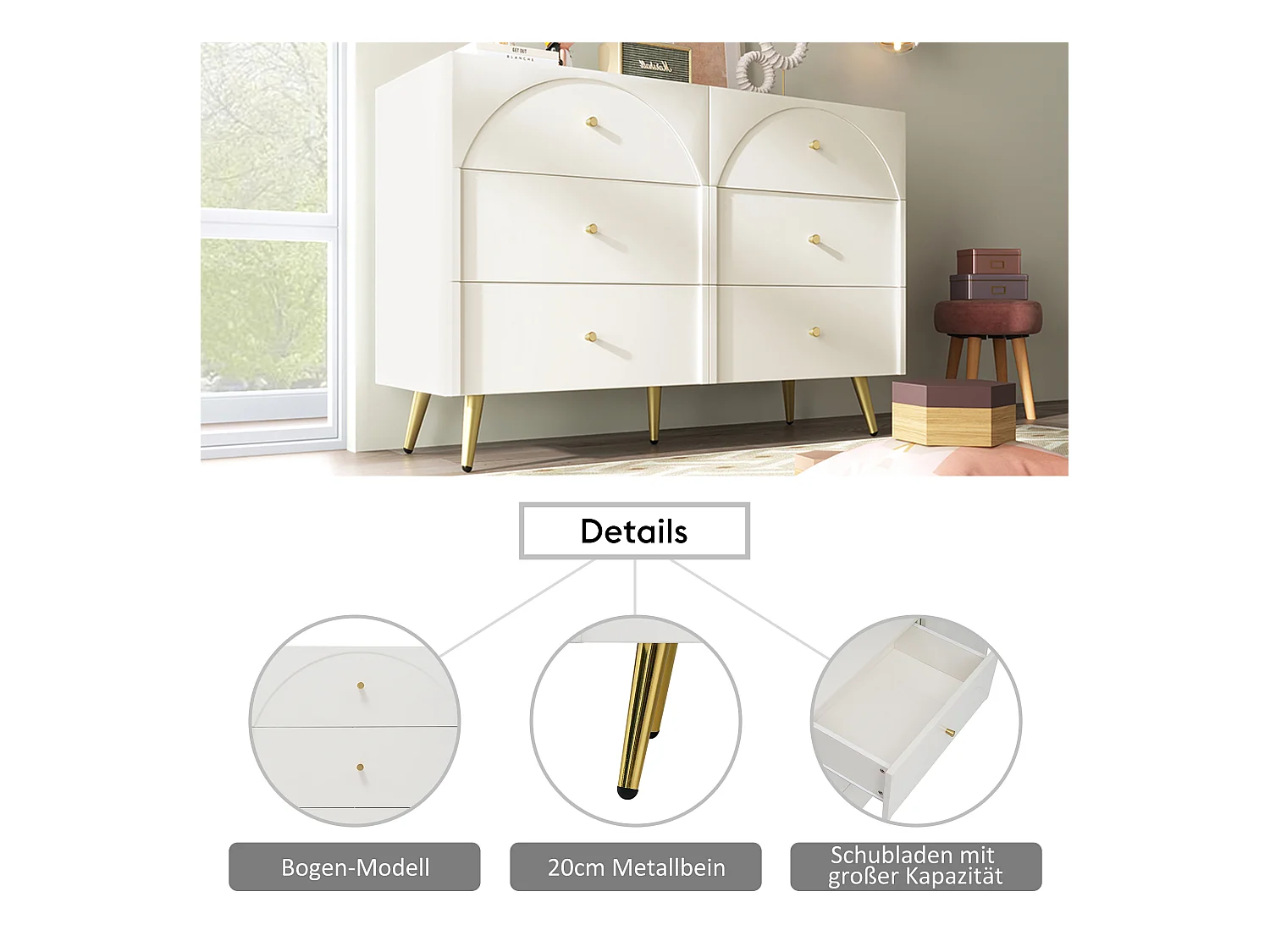 Commode avec 6 tiroirs, design moderne, bois et métal, crème blanc (85x120x40 cm)