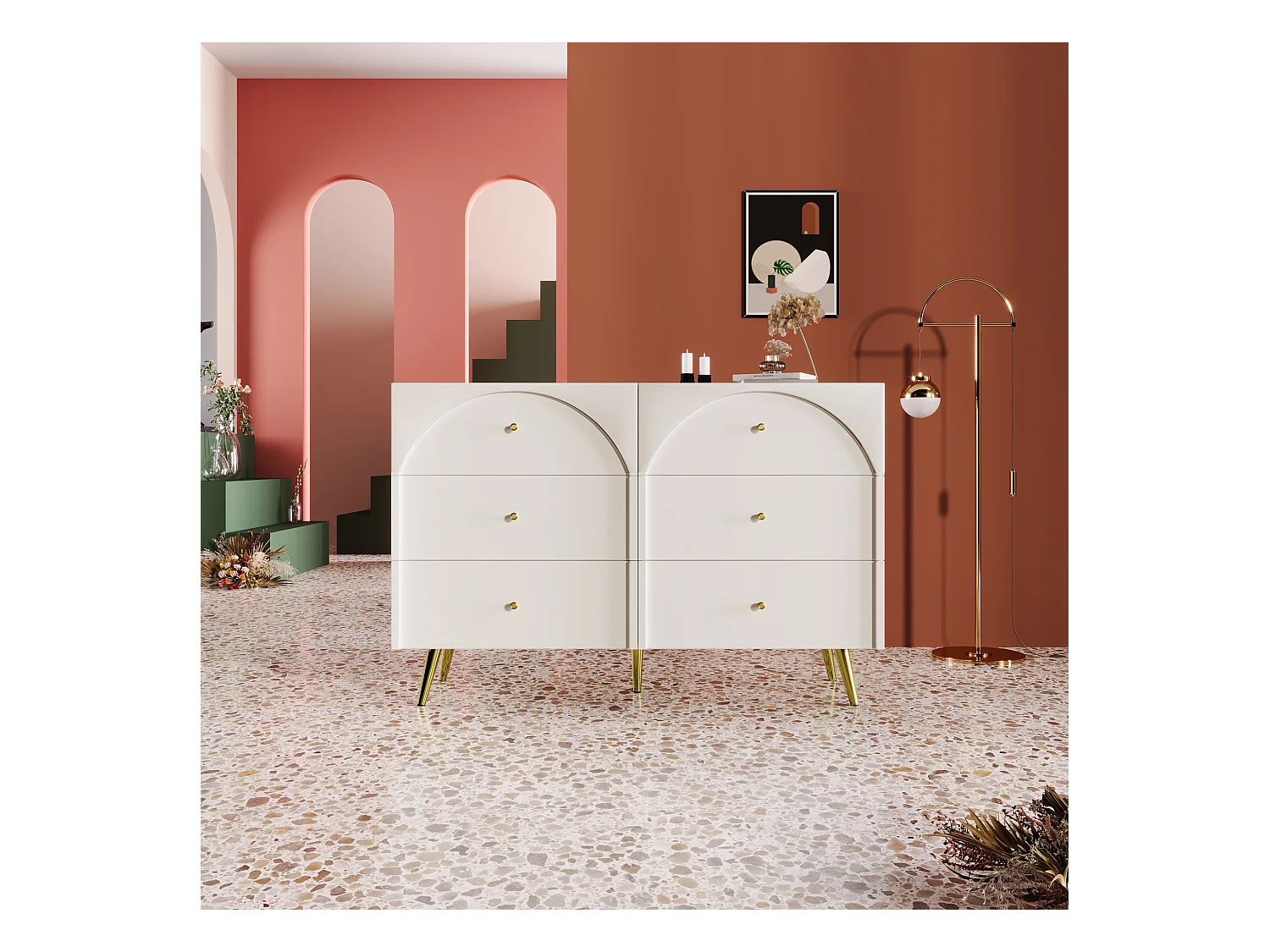 Commode avec 6 tiroirs, design moderne, bois et métal, crème blanc (85x120x40 cm)