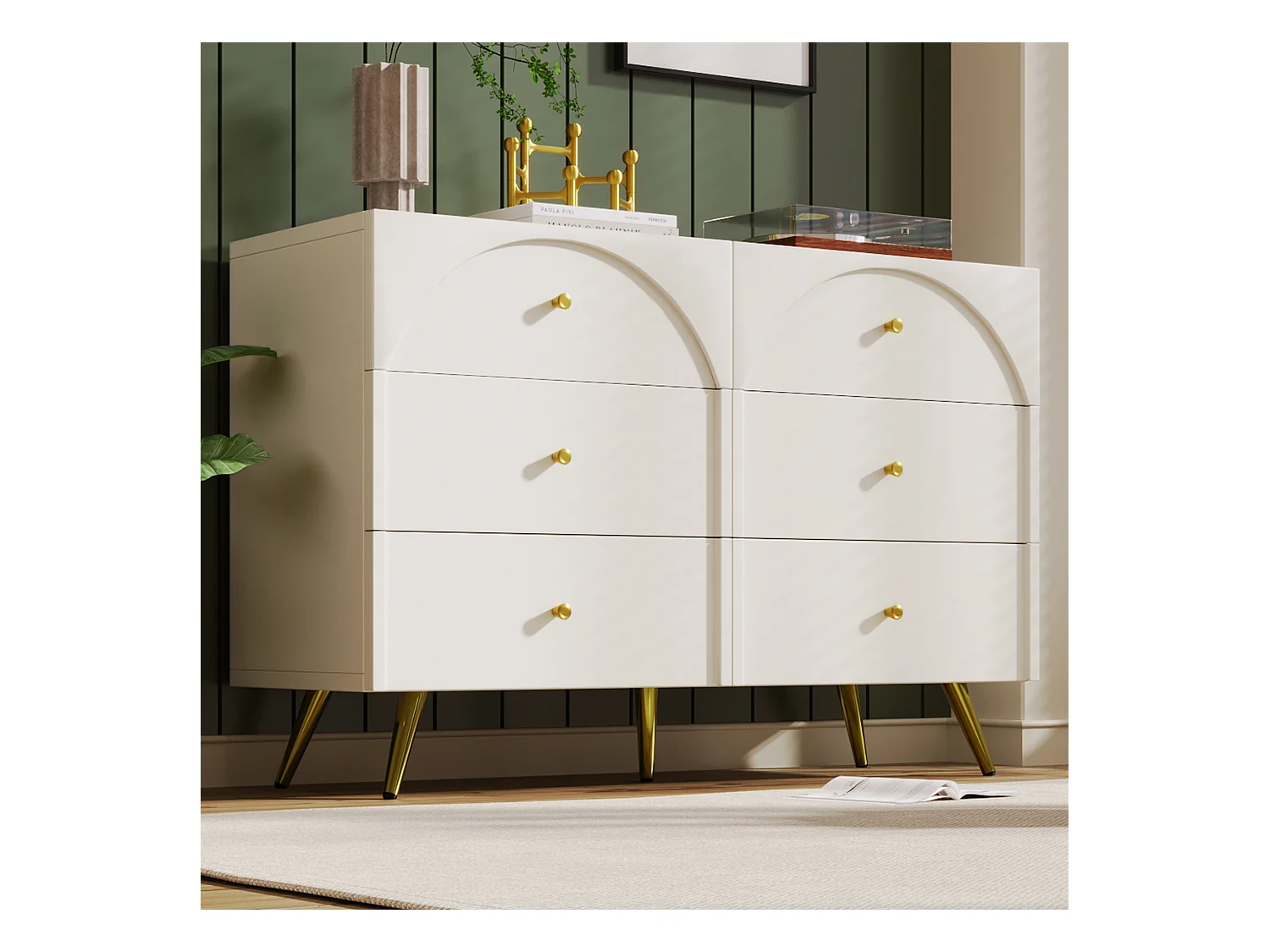 Commode avec 6 tiroirs, design moderne, bois et métal, crème blanc (85x120x40 cm)