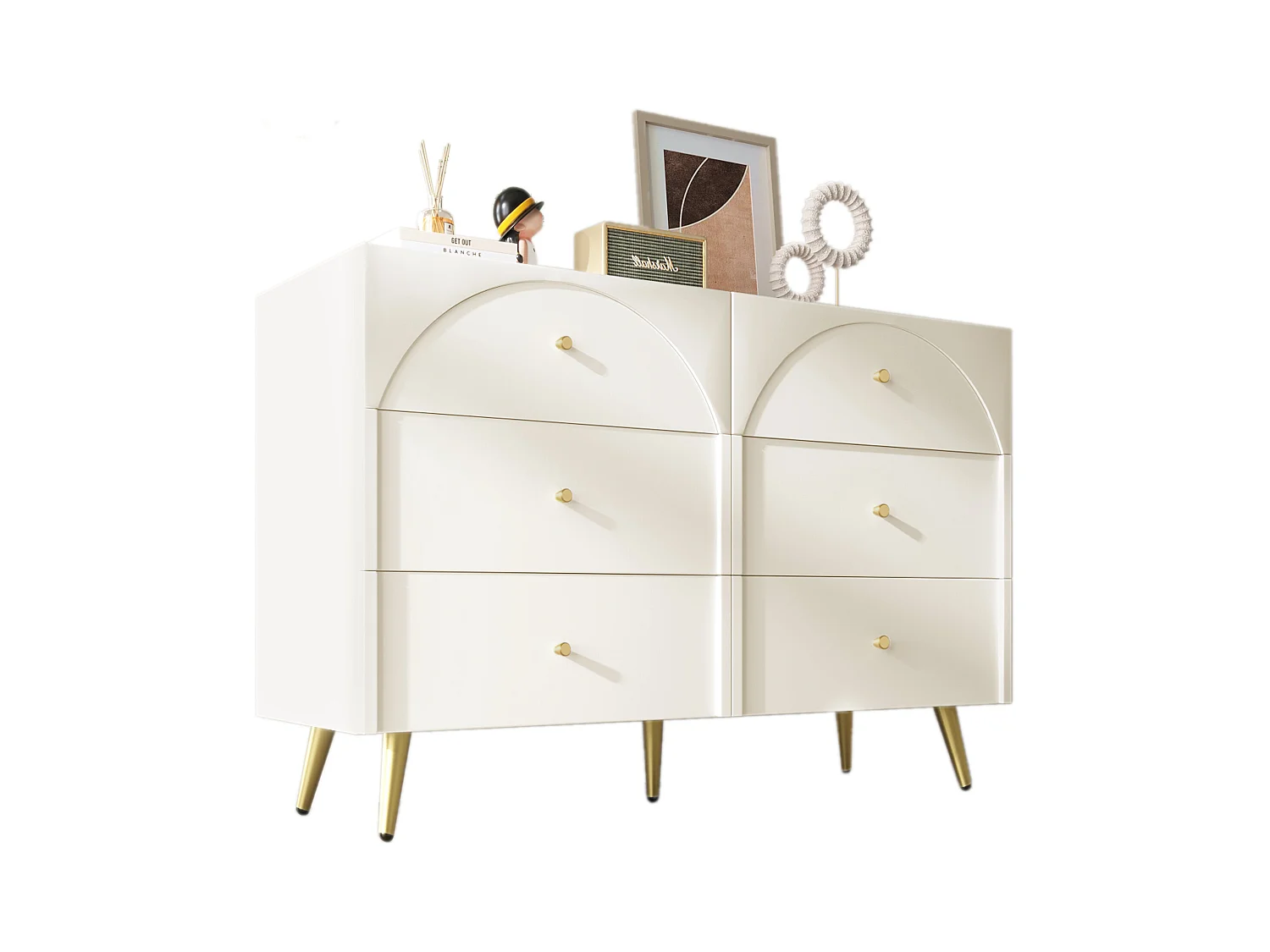 Commode avec 6 tiroirs, design moderne, bois et métal, crème blanc (85x120x40 cm)