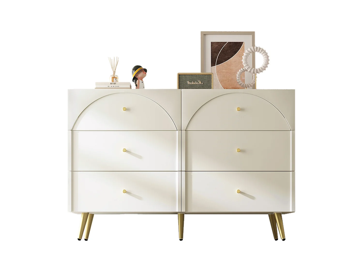 Commode avec 6 tiroirs, design moderne, bois et métal, crème blanc (85x120x40 cm)