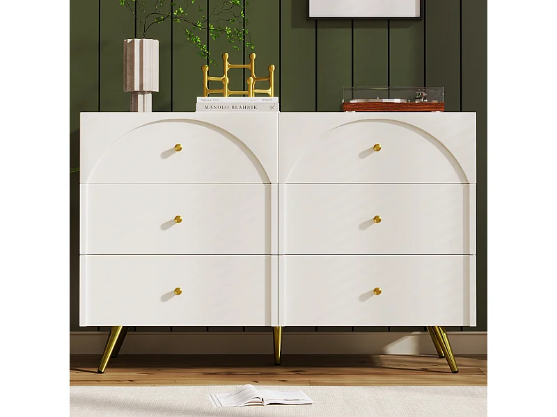 Commode avec 6 tiroirs, design moderne, bois et métal, crème blanc (85x120x40 cm)