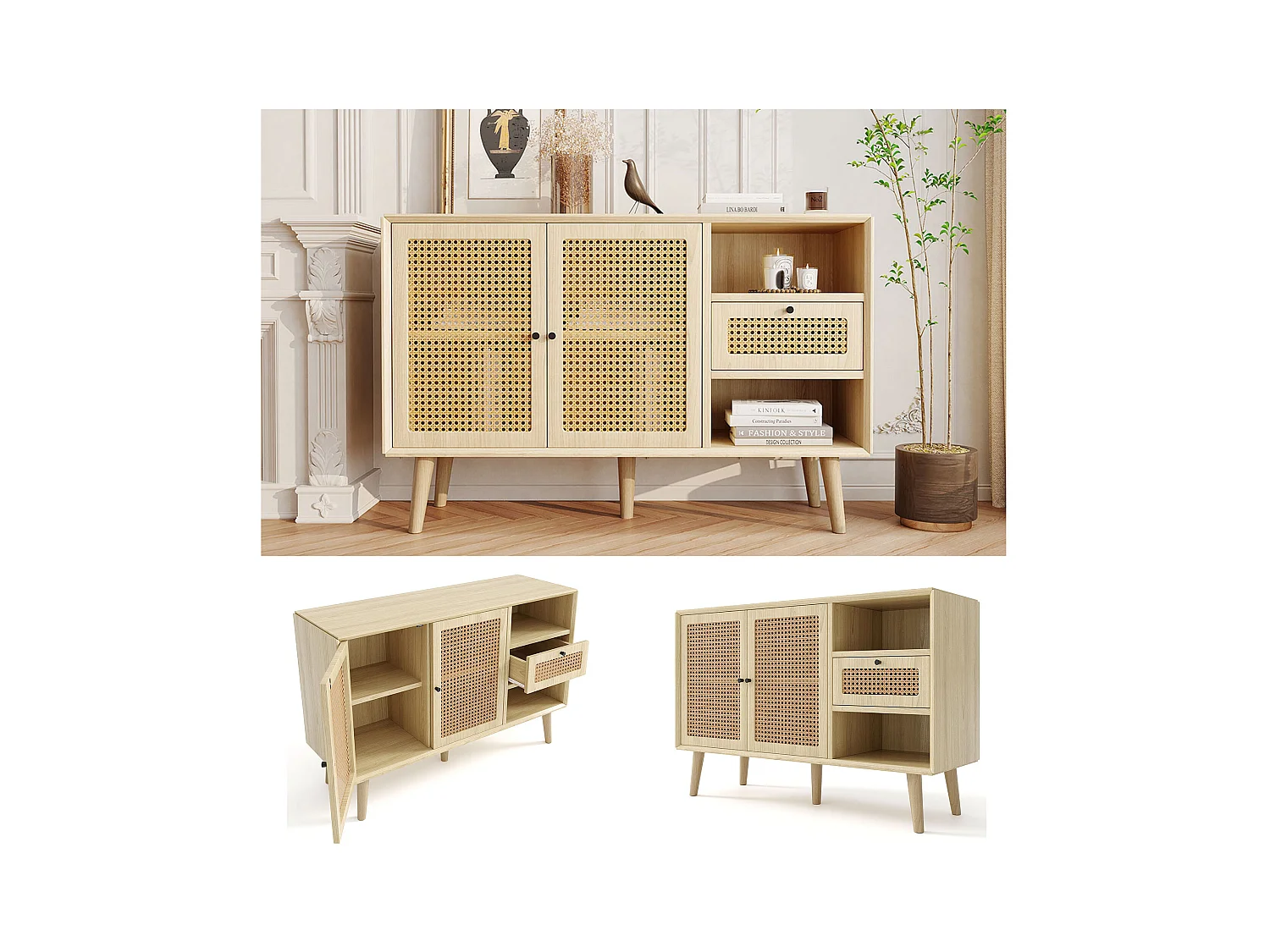 Cassettiera in legno con ante in rattan, 1 cassetto e 2 ripiani, gambe in legno massello, maniglie in metallo, 120x40x80 cm