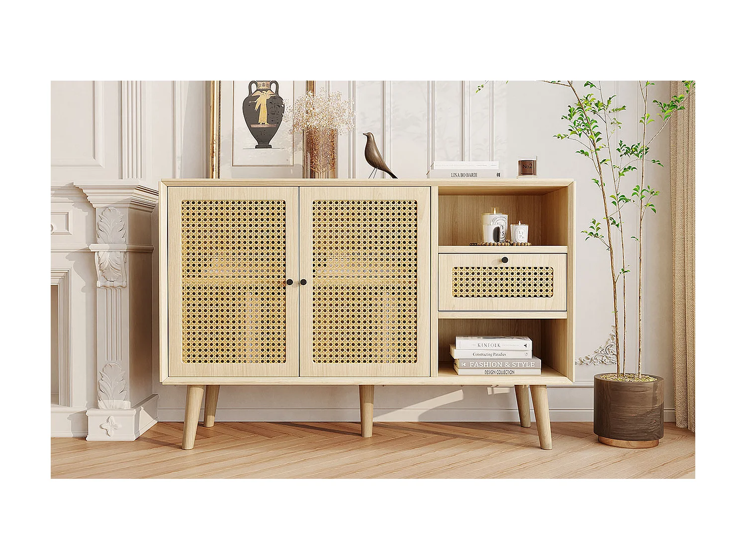 Cassettiera in legno con ante in rattan, 1 cassetto e 2 ripiani, gambe in legno massello, maniglie in metallo, 120x40x80 cm