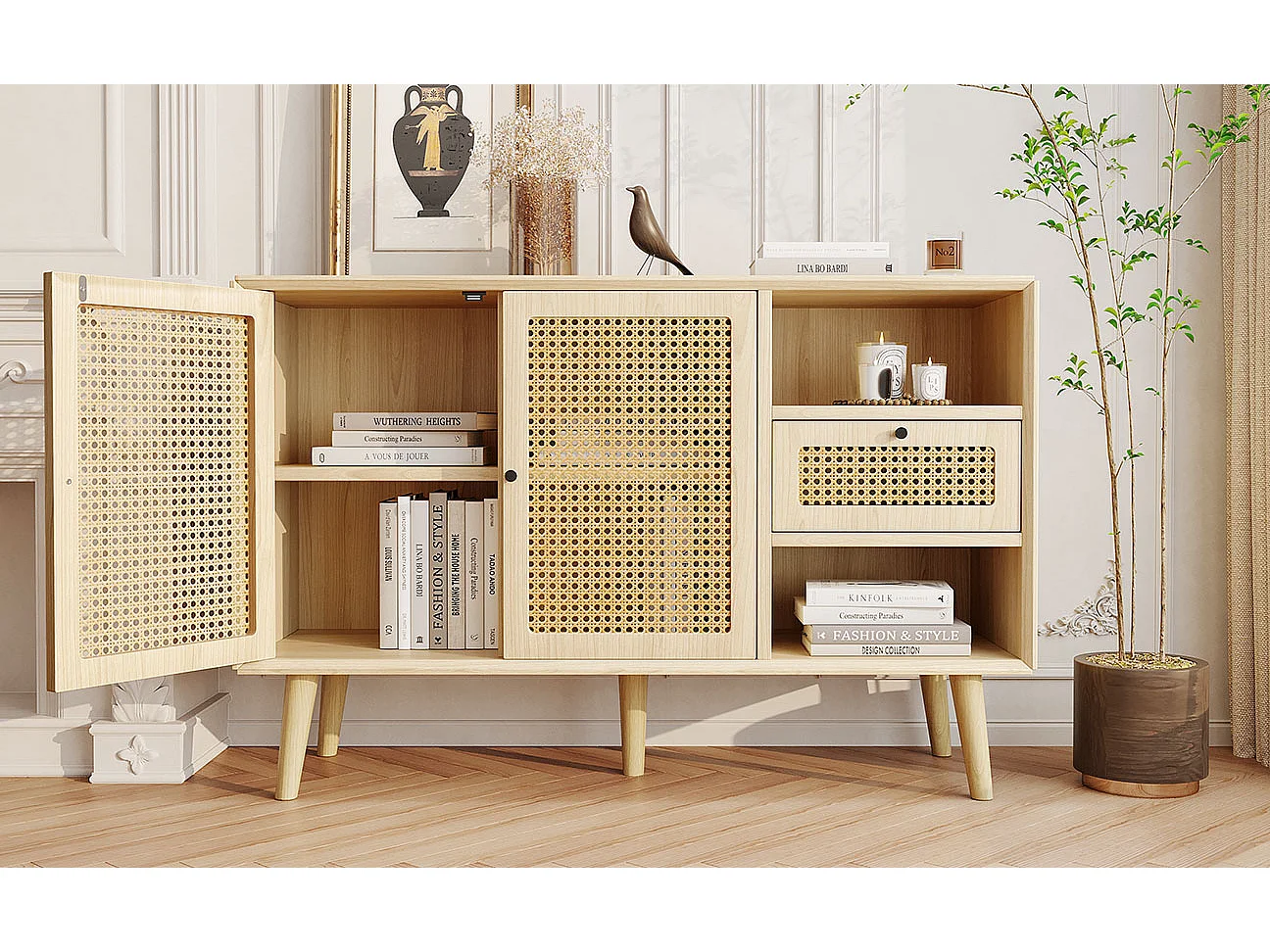 Cassettiera in legno con ante in rattan, 1 cassetto e 2 ripiani, gambe in legno massello, maniglie in metallo, 120x40x80 cm