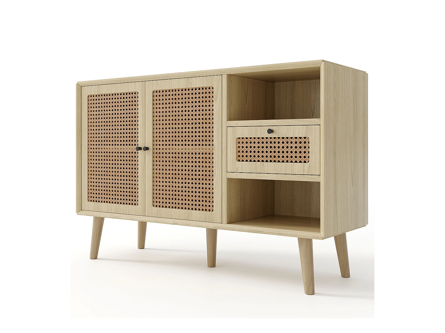 Commode en bois avec portes en rotin, 1 tiroir et 2 étagères, pieds en bois massif, poignées métalliques, 120x40x80 cm