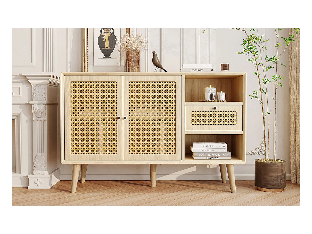 Commode en bois avec portes en rotin, 1 tiroir et 2 étagères, pieds en bois massif, poignées métalliques, 120x40x80 cm