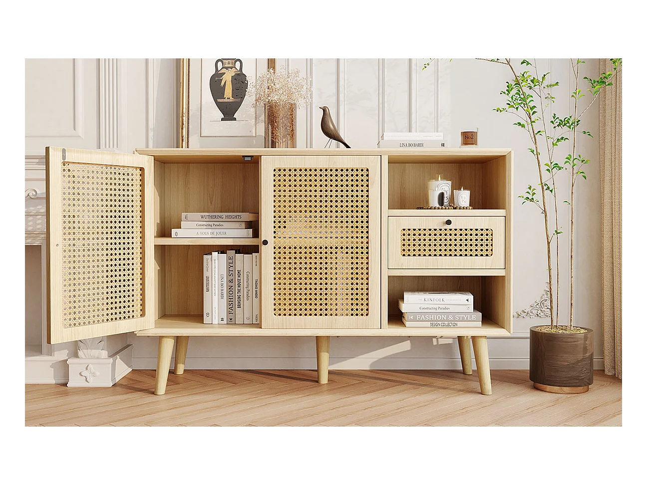 Commode en bois avec portes en rotin, 1 tiroir et 2 étagères, pieds en bois massif, poignées métalliques, 120x40x80 cm