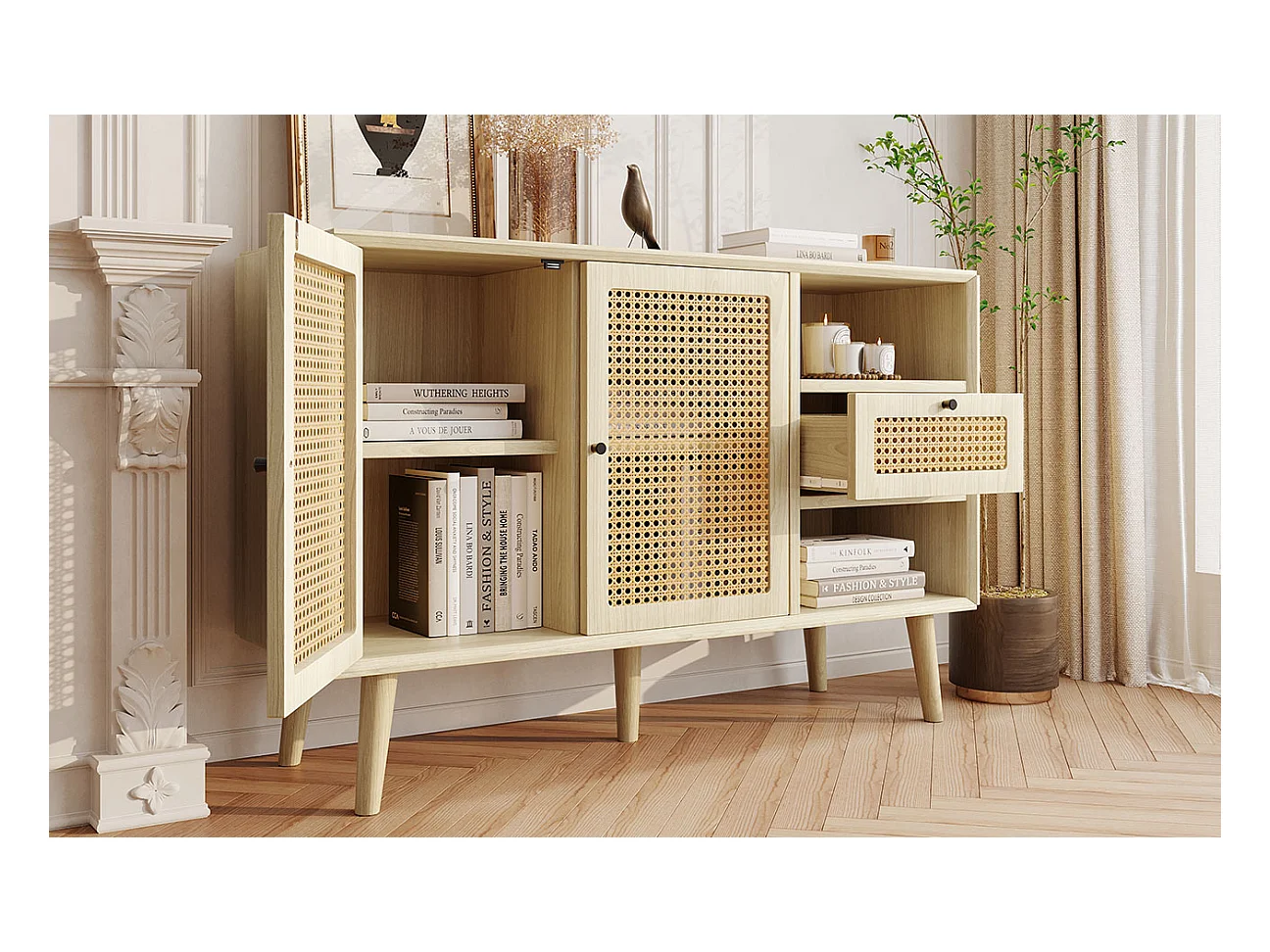 Commode en bois avec portes en rotin, 1 tiroir et 2 étagères, pieds en bois massif, poignées métalliques, 120x40x80 cm