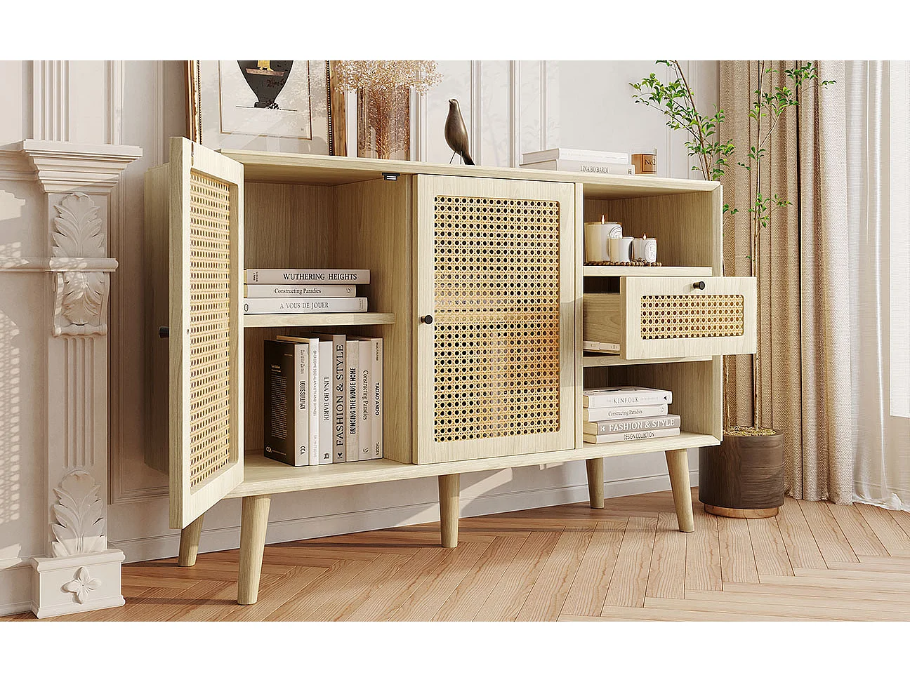 Commode en bois avec portes en rotin, 1 tiroir et 2 étagères, pieds en bois massif, poignées métalliques, 120x40x80 cm