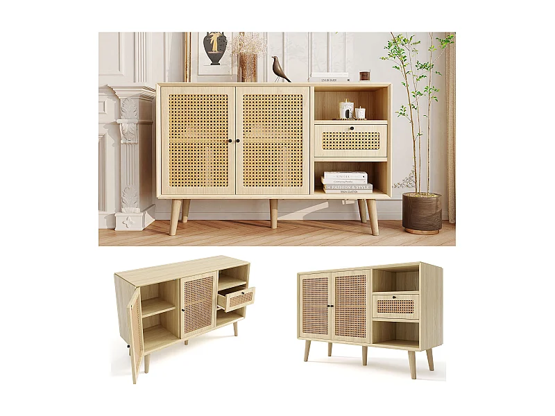 Cassettiera in legno con ante in rattan, 1 cassetto e 2 ripiani, gambe in legno massello, maniglie in metallo, 120x40x80 cm