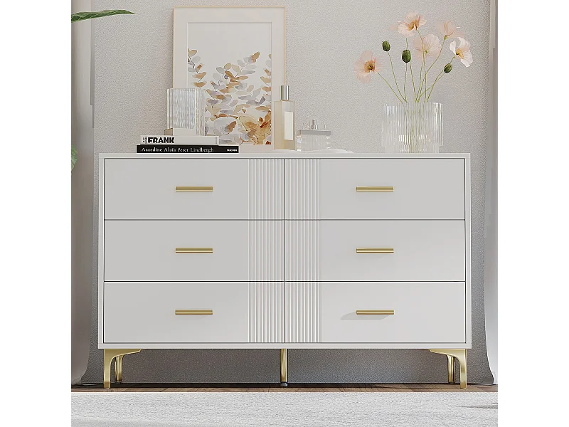 Ladekast met 6 laden, witte deuren, MDF, voor woonkamer en slaapkamer (120x40x76 cm)