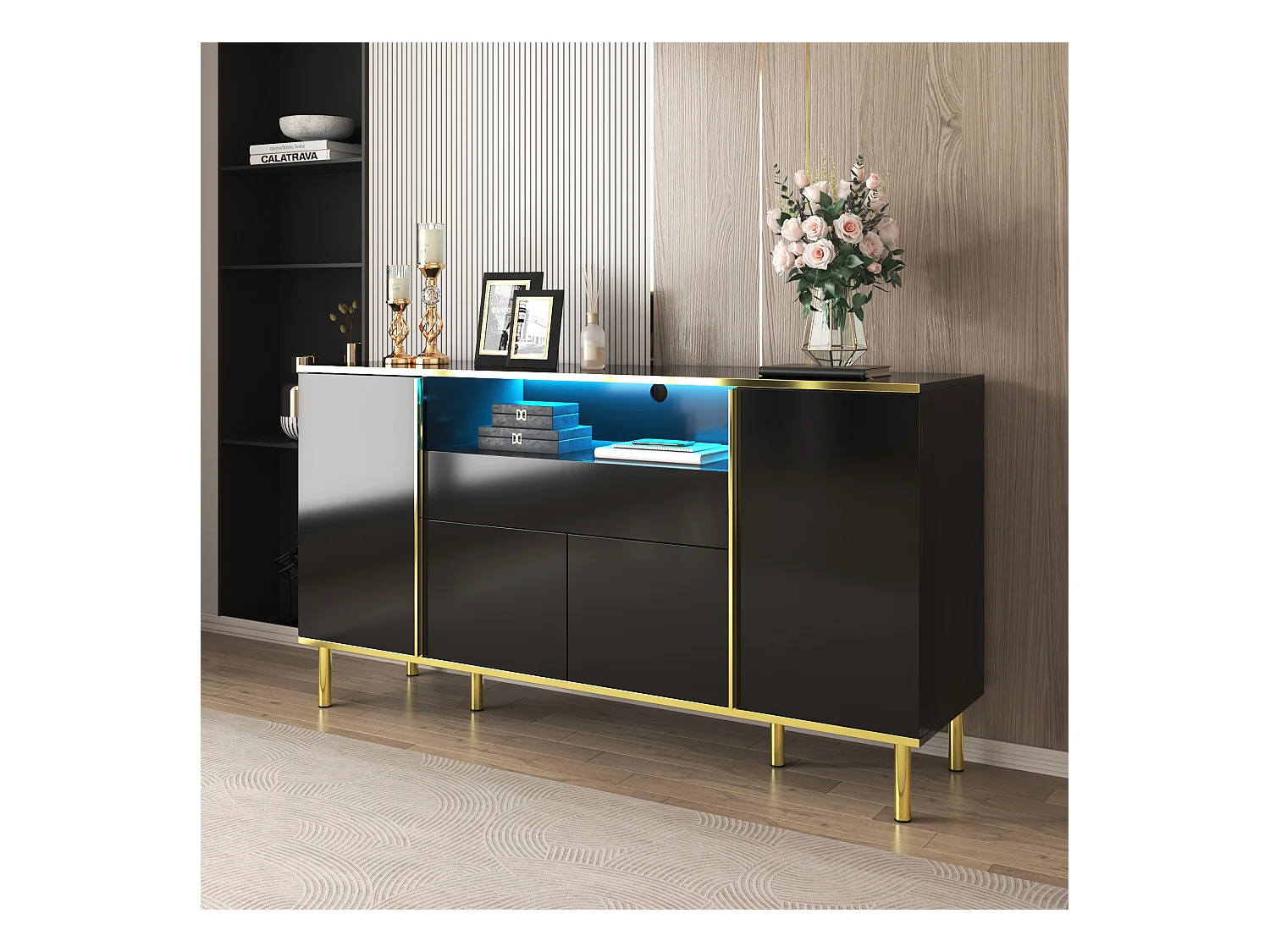 Commode moderne avec 1 tiroir, finition noire brillante, MDF, noir, 150x40x80 cm