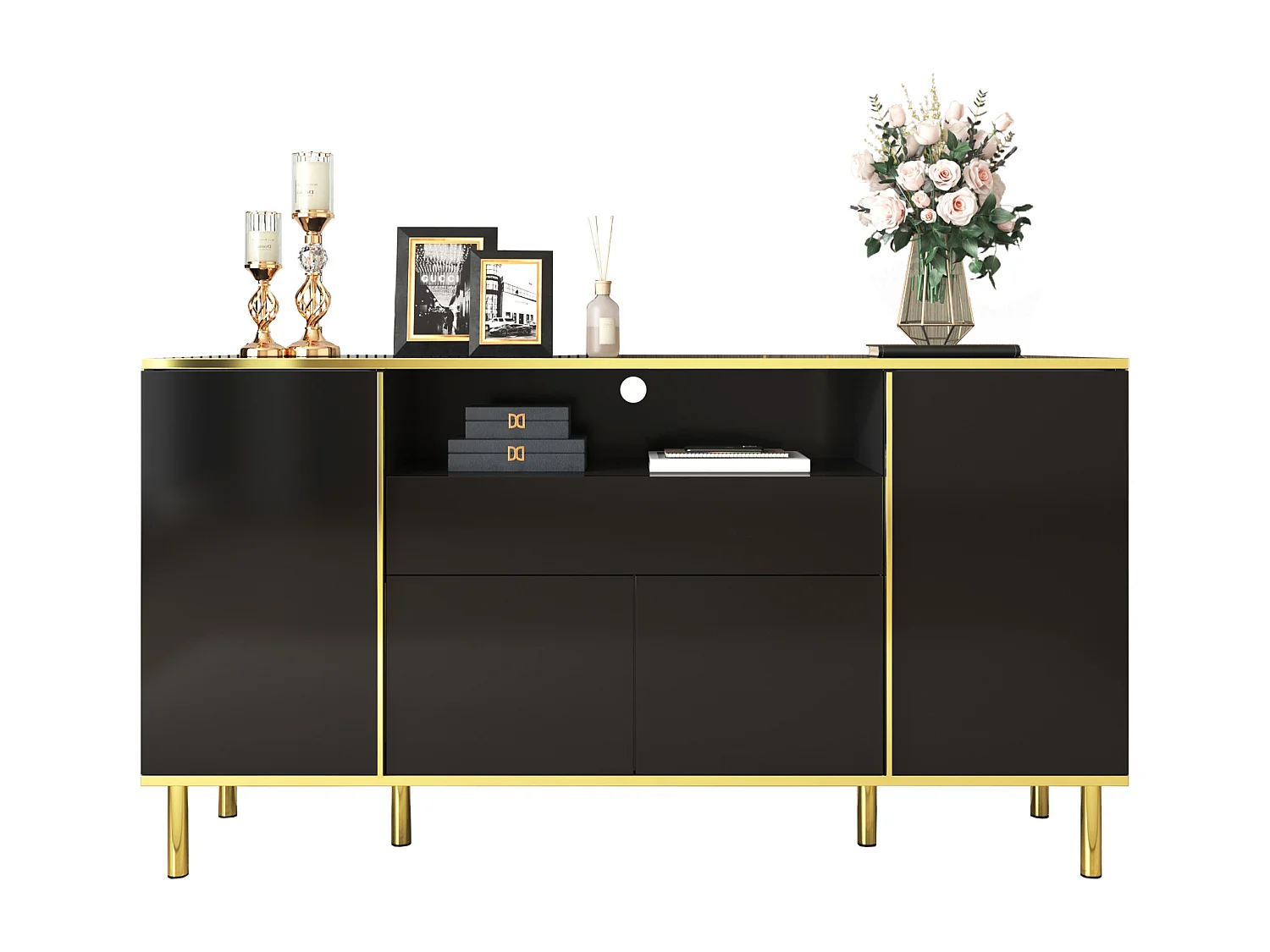 Commode moderne avec 1 tiroir, finition noire brillante, MDF, noir, 150x40x80 cm