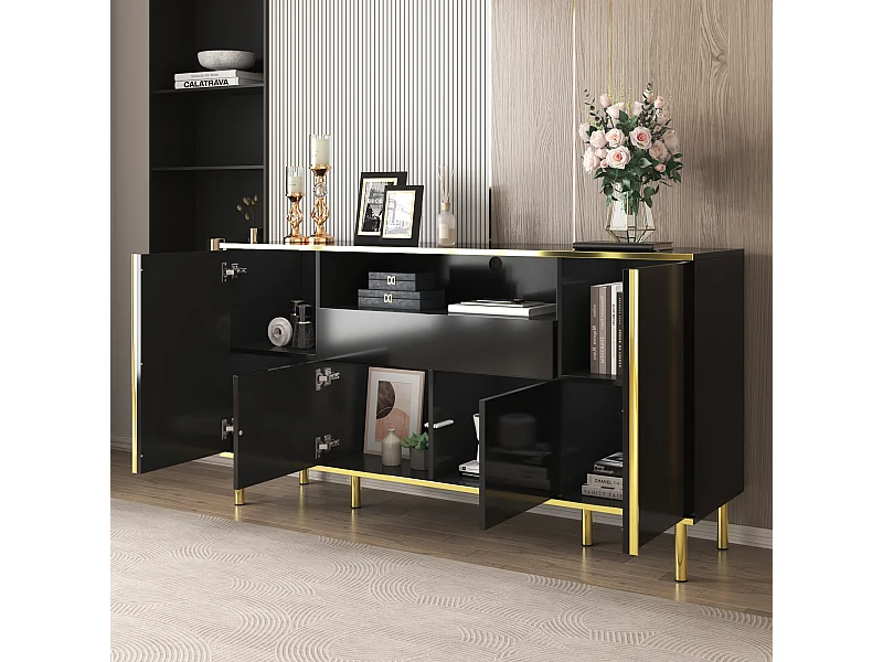 Commode moderne avec 1 tiroir, finition noire brillante, MDF, noir, 150x40x80 cm