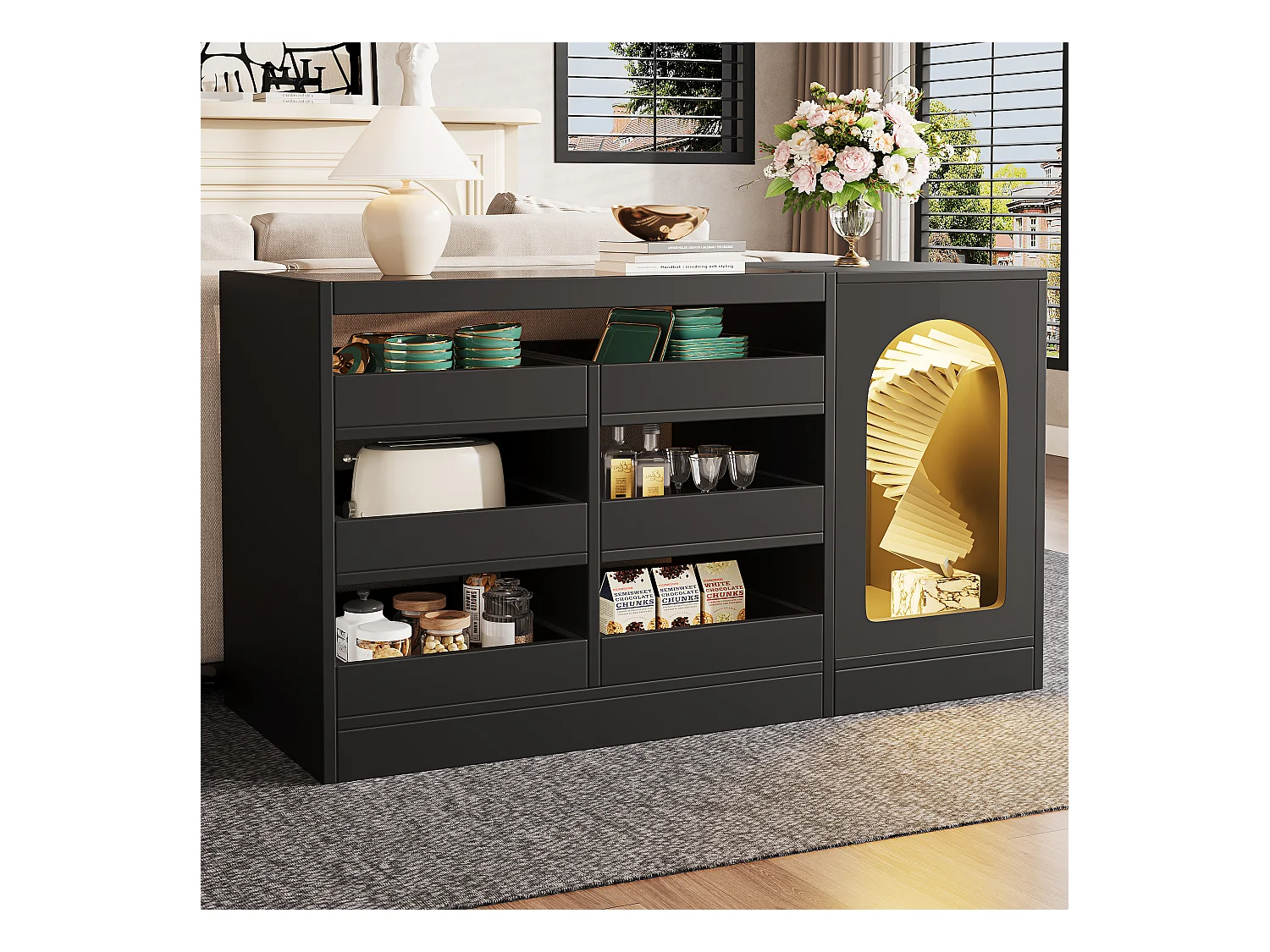 Mueble de cajones negro, diseño moderno, MDF, LED, con 6 cajones, puertas curvas (120x40x75 cm)
