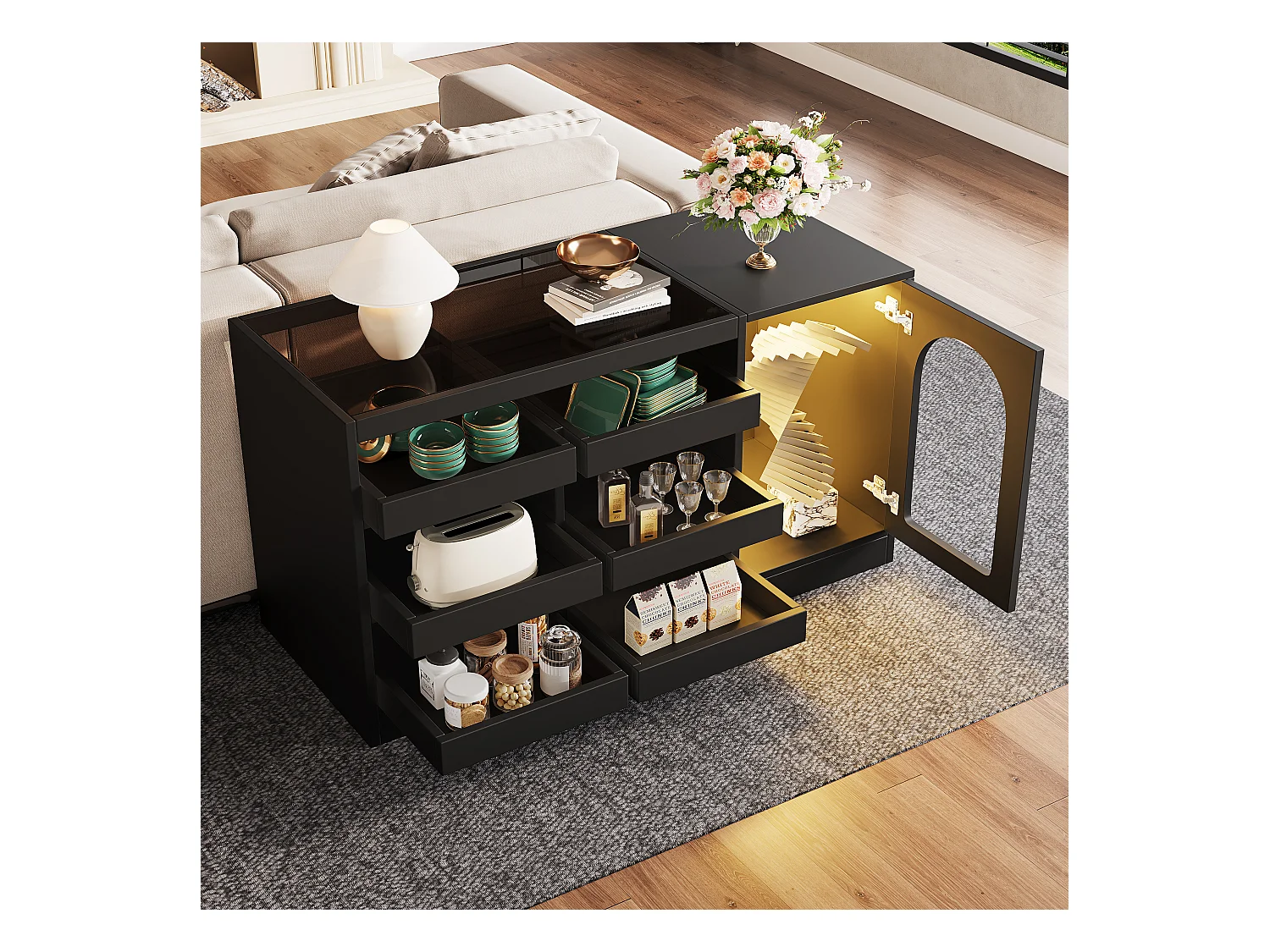 Armoire à tiroirs noire, design moderne, MDF, LED, avec 6 tiroirs, portes courbées (120x40x75 cm)