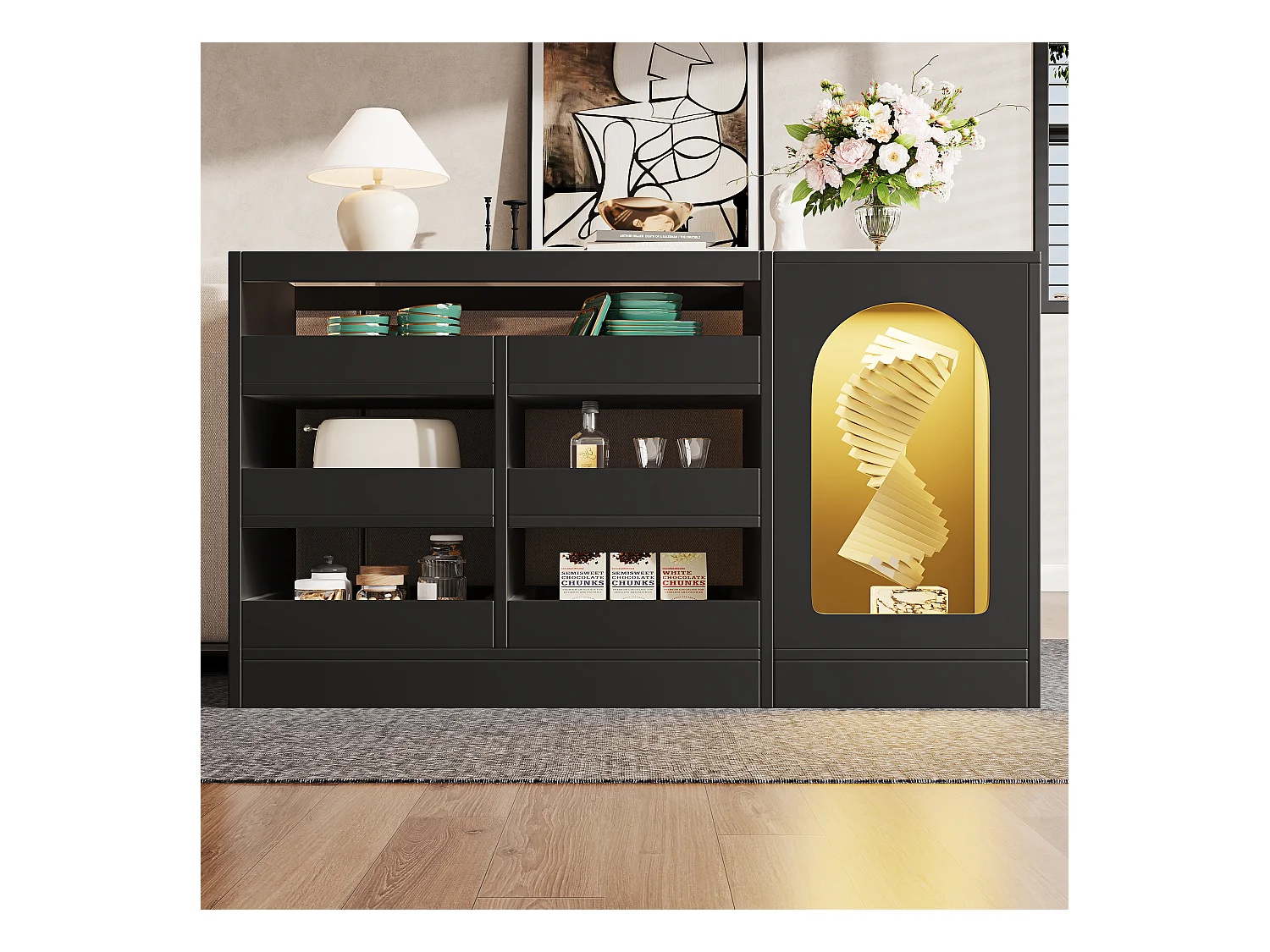 Armoire à tiroirs noire, design moderne, MDF, LED, avec 6 tiroirs, portes courbées (120x40x75 cm)