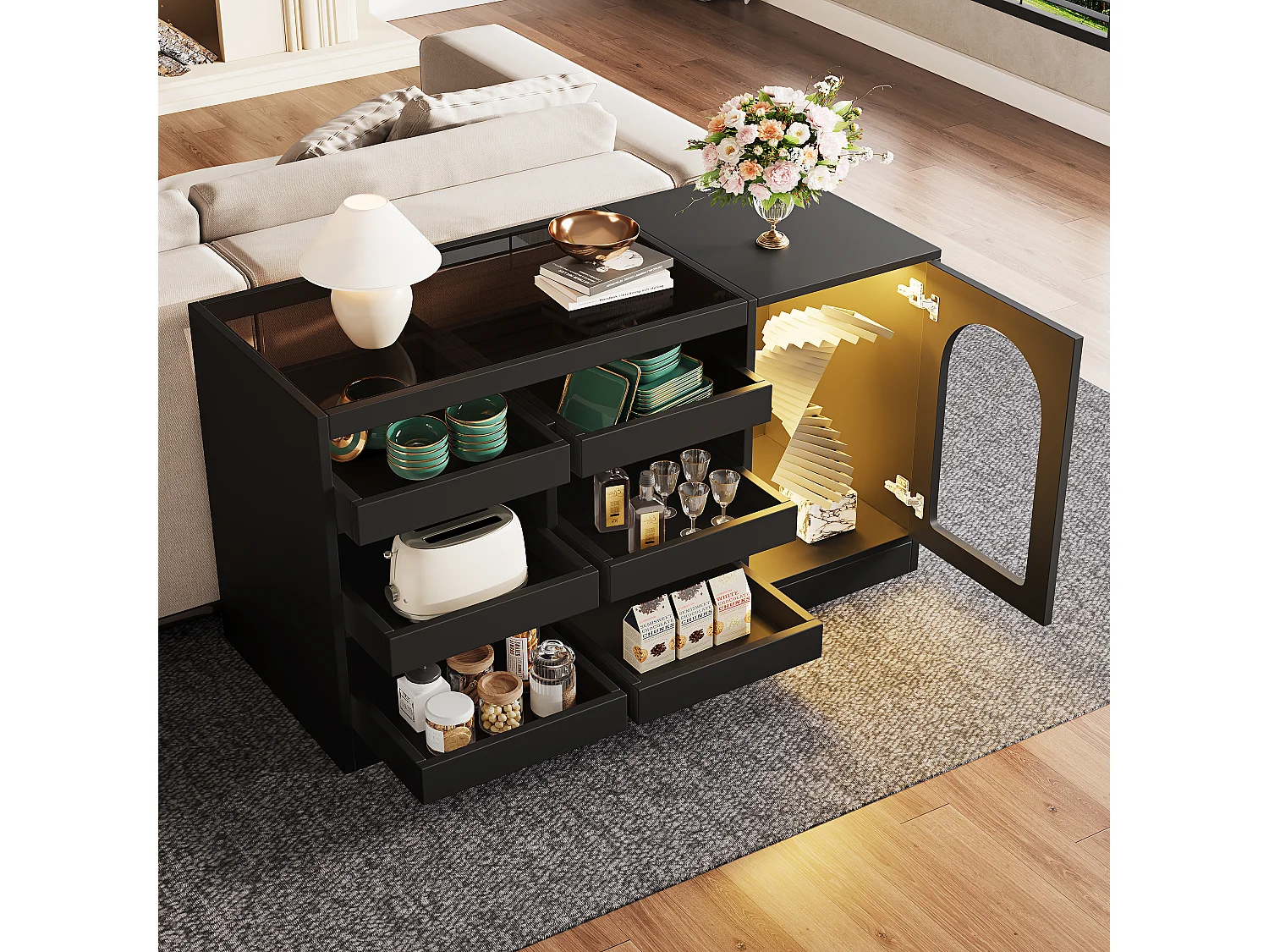 Armoire à tiroirs noire, design moderne, MDF, LED, avec 6 tiroirs, portes courbées (120x40x75 cm)