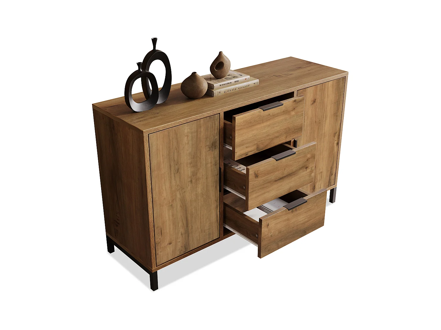 Cassettiera con 2 ante e 3 cassetti, design moderno, legno scuro, metallo, (120x40x76 cm)