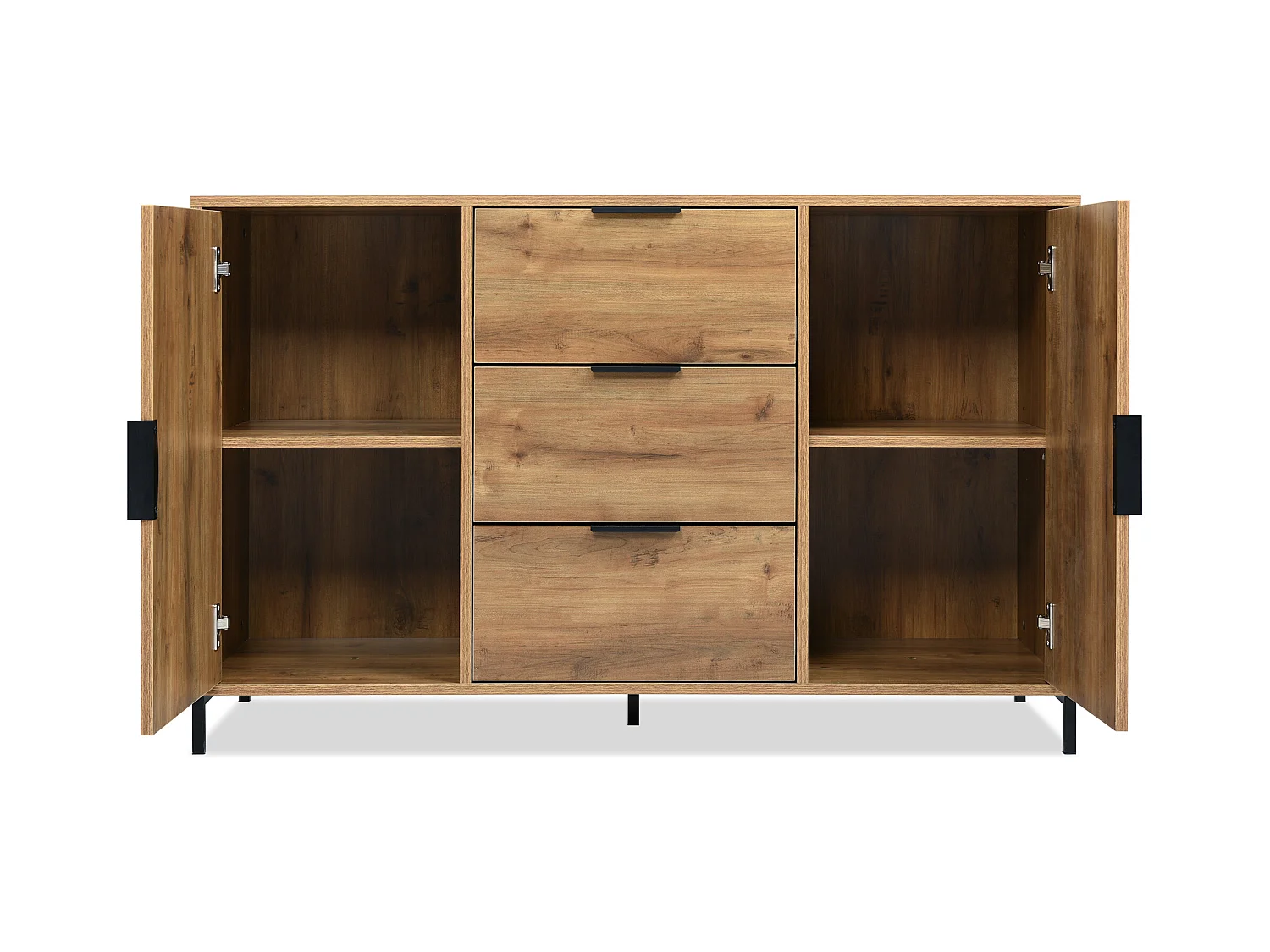 Cassettiera con 2 ante e 3 cassetti, design moderno, legno scuro, metallo, (120x40x76 cm)