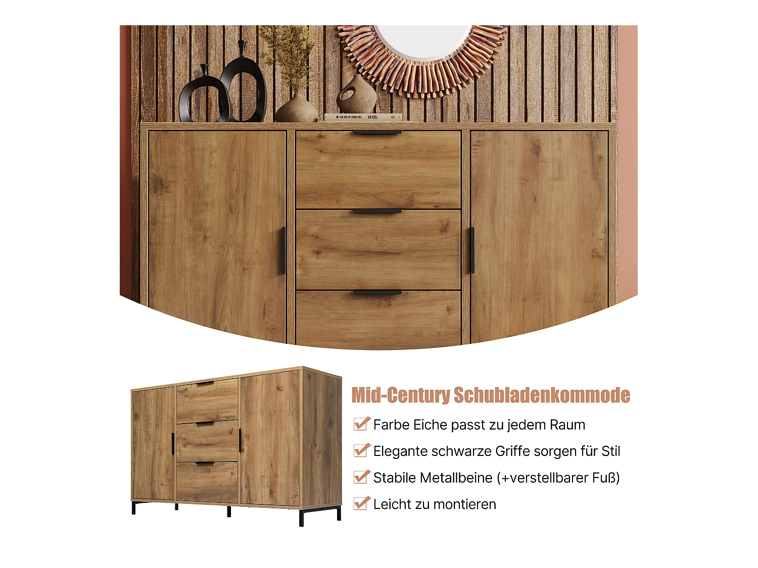 Cassettiera con 2 ante e 3 cassetti, design moderno, legno scuro, metallo, (120x40x76 cm)