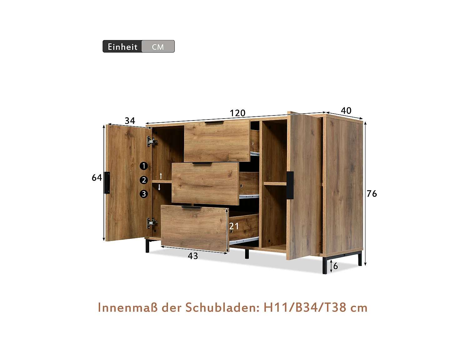 Commode avec 2 portes et 3 tiroirs, design moderne, bois foncé, métal, (120x40x76 cm)