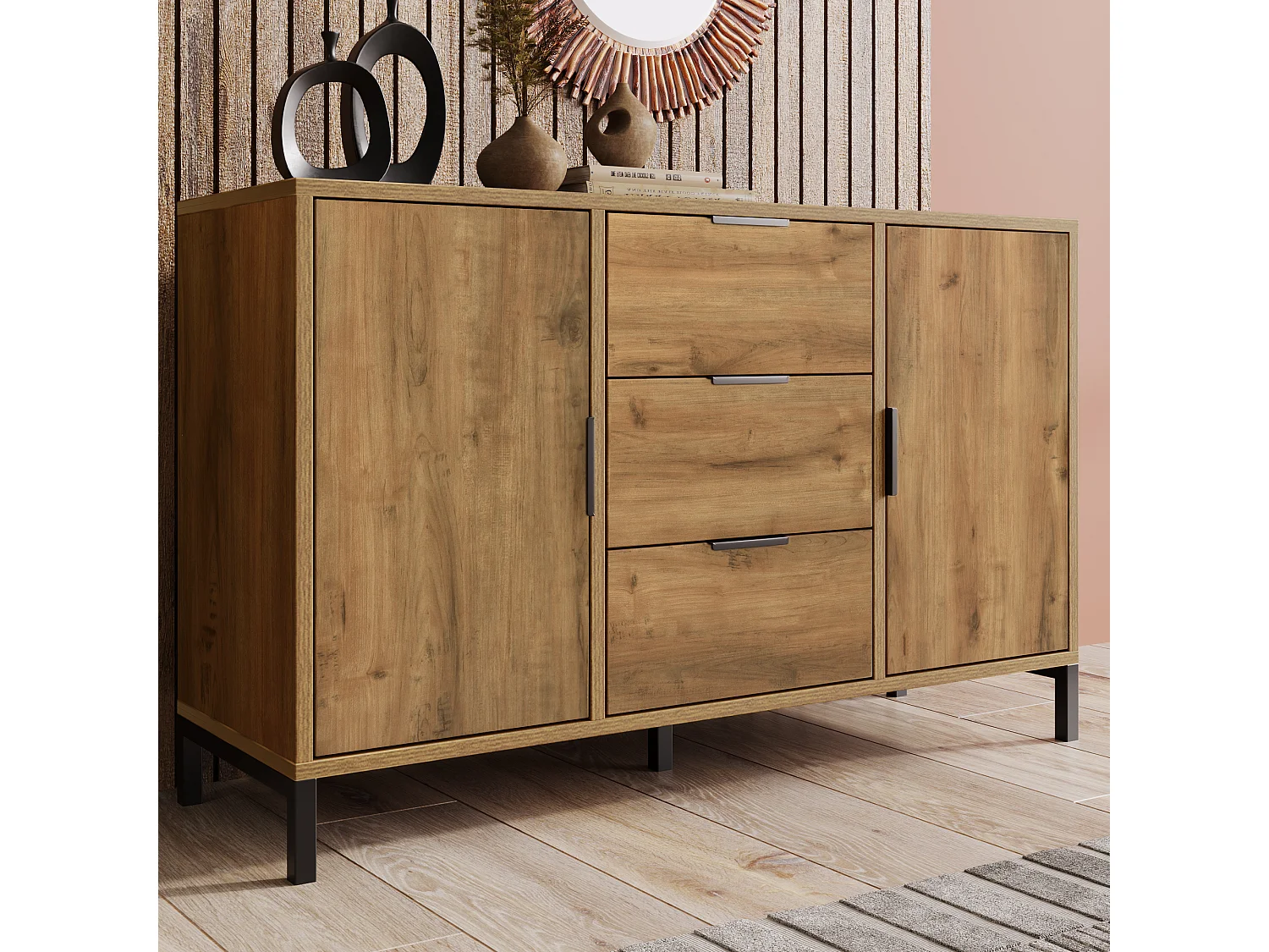 Commode avec 2 portes et 3 tiroirs, design moderne, bois foncé, métal, (120x40x76 cm)