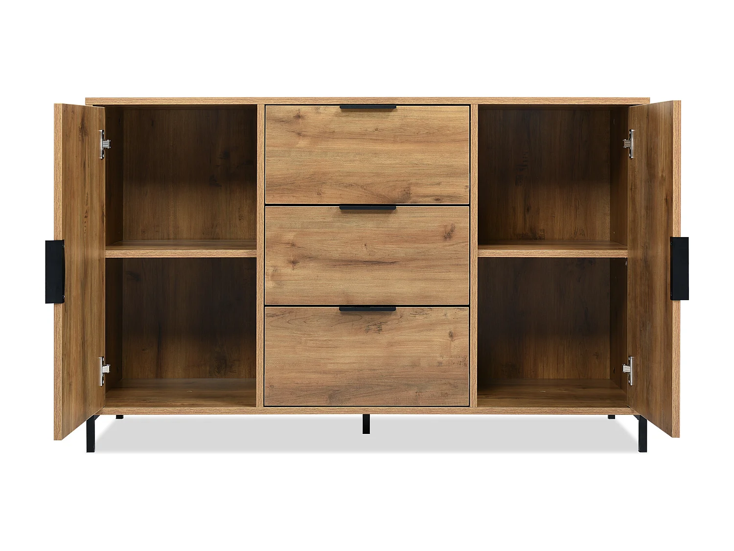 Commode avec 2 portes et 3 tiroirs, design moderne, bois foncé, métal, (120x40x76 cm)