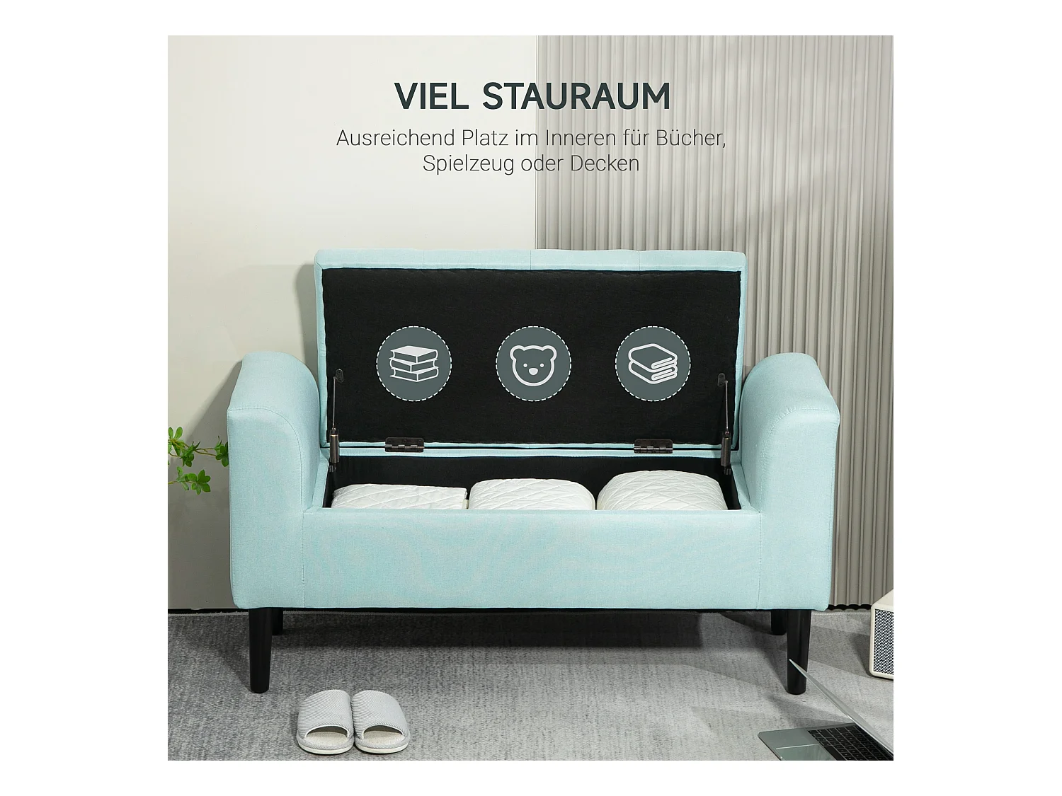 Banc de rangement avec assise rembourrée, tissu en polyester, pieds en bois, vert (100x40x44 cm)