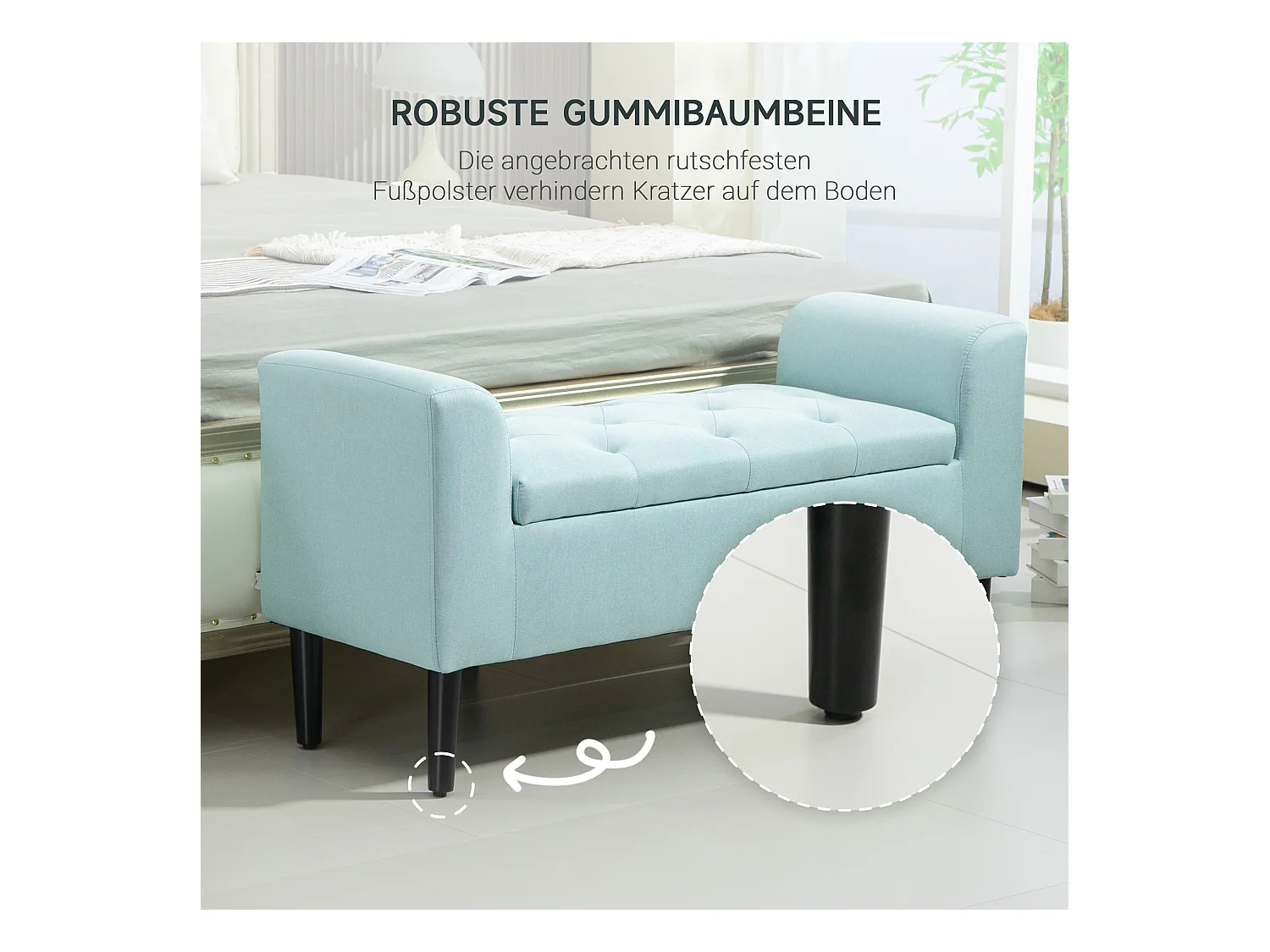 Banc de rangement avec assise rembourrée, tissu en polyester, pieds en bois, vert (100x40x44 cm)