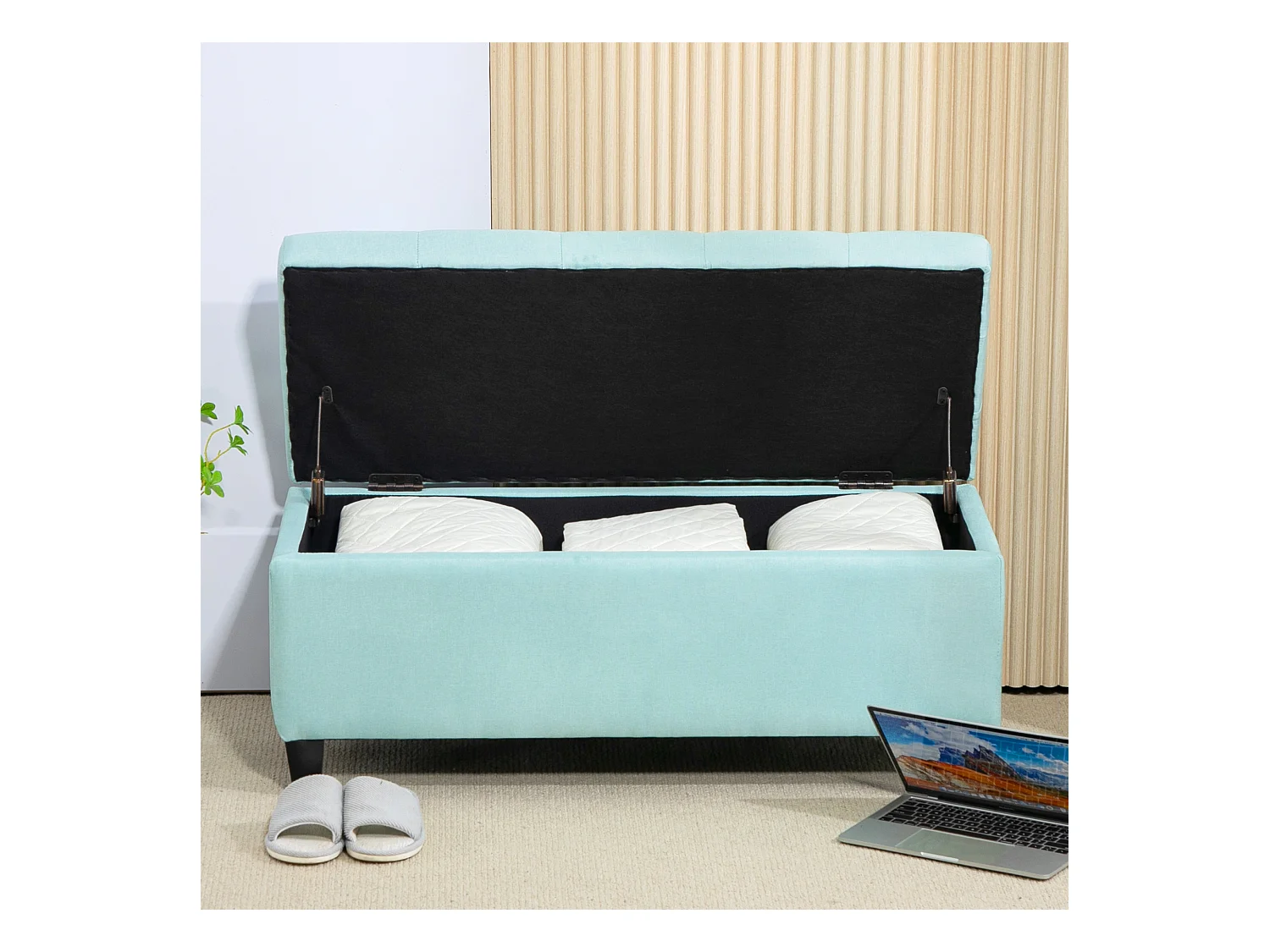 Banc de rangement avec assise rembourrée, tissu en polyester, pieds en bois, vert (100x40x44 cm)